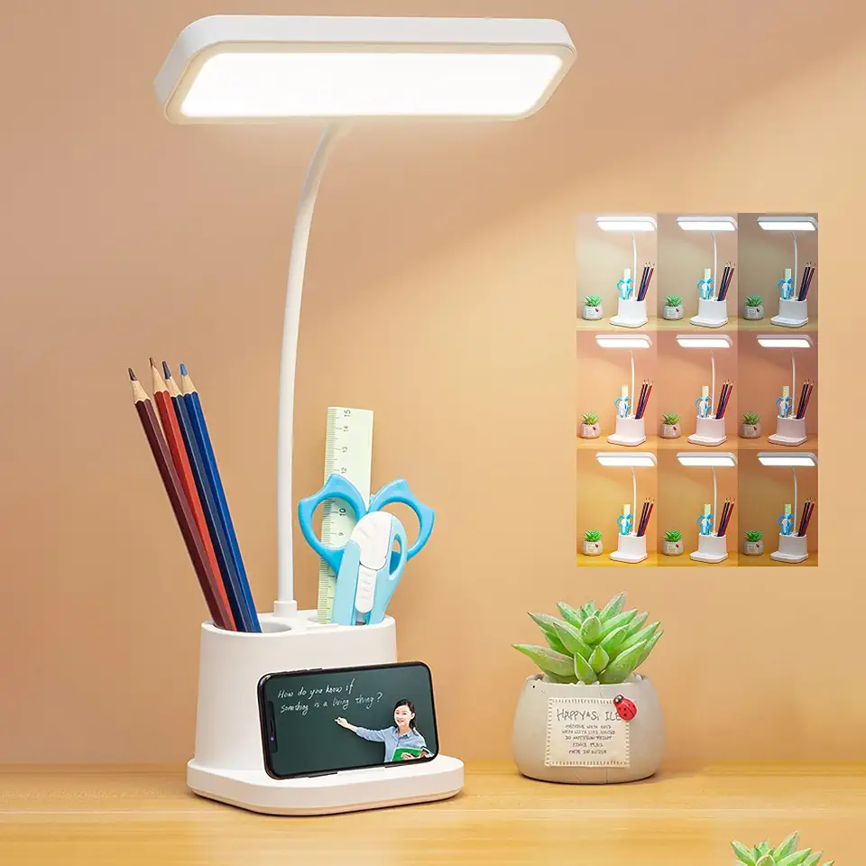 Rechargeable LED Desk Lamp – 3 Light Modes & Dimmable Brightness, Eye-Caring Study Lamp with USB Charging Port, Pen Holders & Phone Stand – Small Table Lamp for Home Office, Reading, or Study