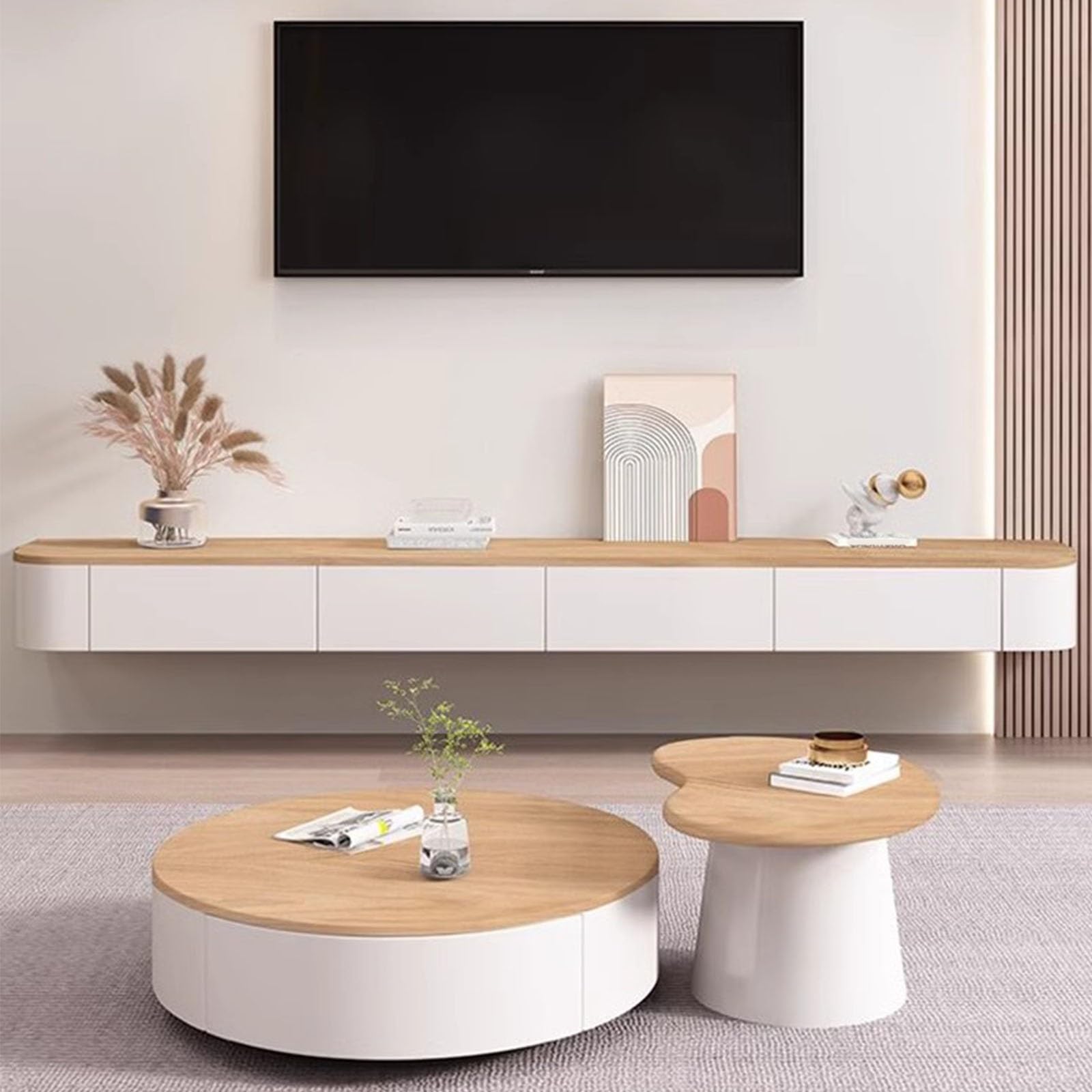 Nowoczesna ścienna pływająca szafka pod telewizor, 300 cm (118,1 cala), drewniana konsola z Ders, oszczędzająca miejsce konstrukcja do salonu, elegancka i funkcjonalna rozrywka sto.