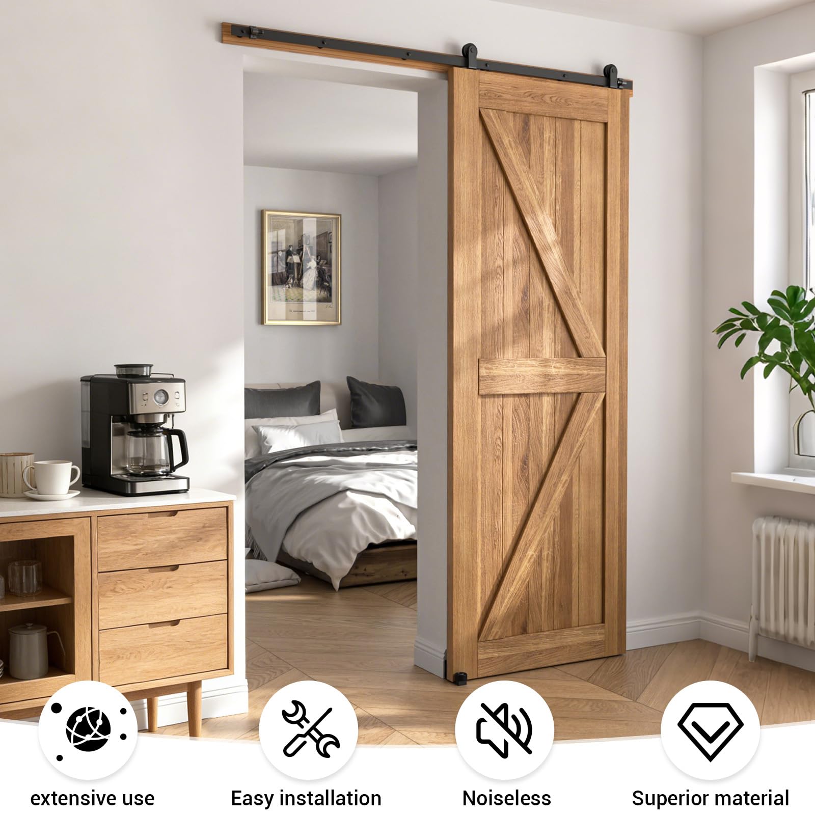 182CM/6FT Herraje para Puerta Corredera Kit de Accesorios para Puertas Correderas riel puerta corredera granero, Contiene Guía de suelo recientemente actualizadas y ajustable
