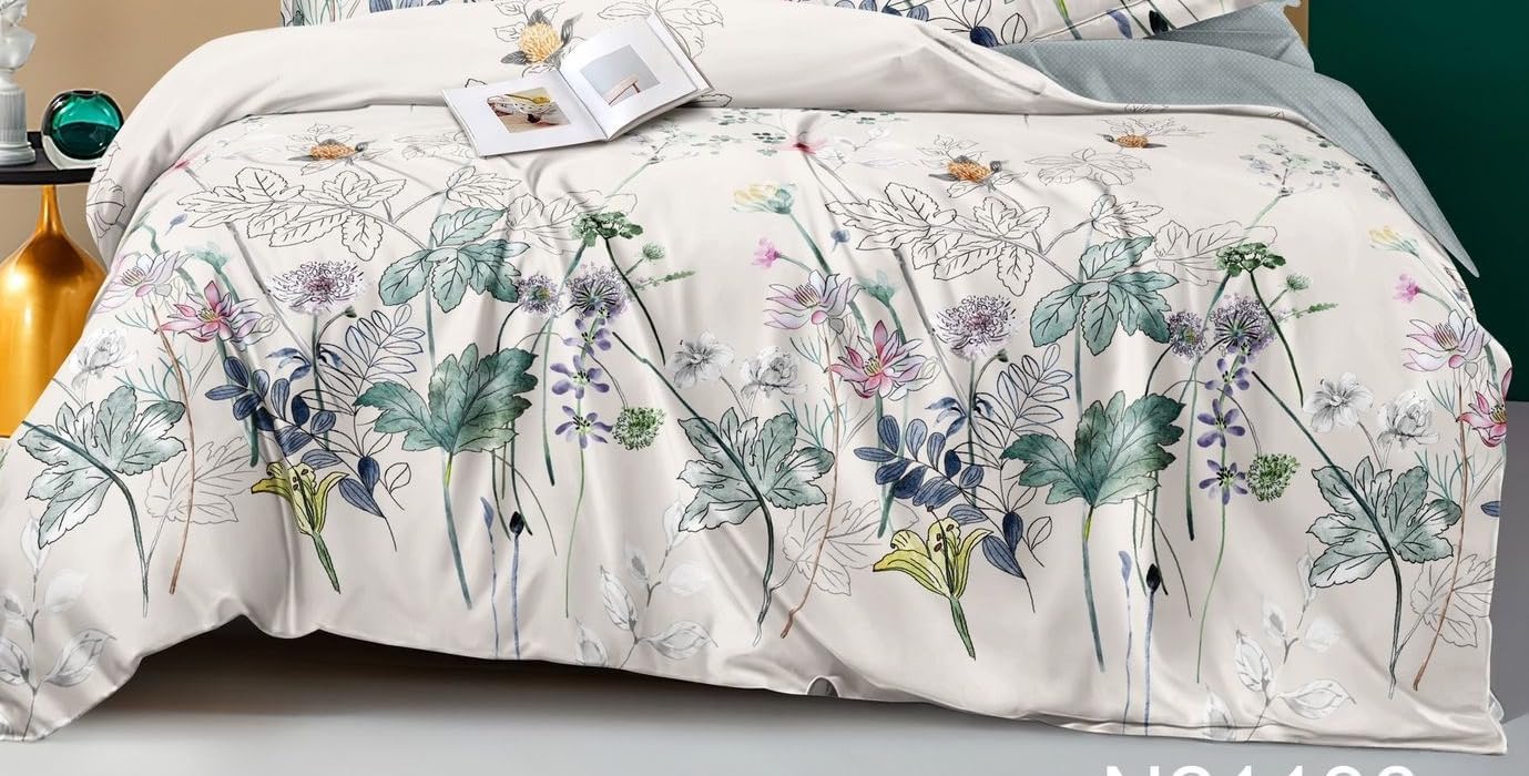 Bedsheet Set with Floral Pattern King Size Bed Pillow Cover Set with 1 Bedsheet, 2 Pillow Cover Bedding Set (Green Leaf, King (U.K. Standard))