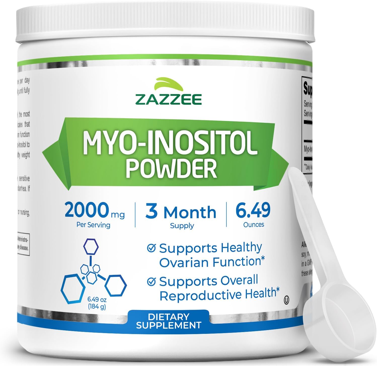Zazzee Myo-Inositol Powder, 3 Month Supply, 92 Servings, 2000 mg per Serving, Free Scoop for Exact Dosage, 6.49 Ounces, Certified Kosher, 100% Pure, Fertility & Reproductive Support, Made in The USA