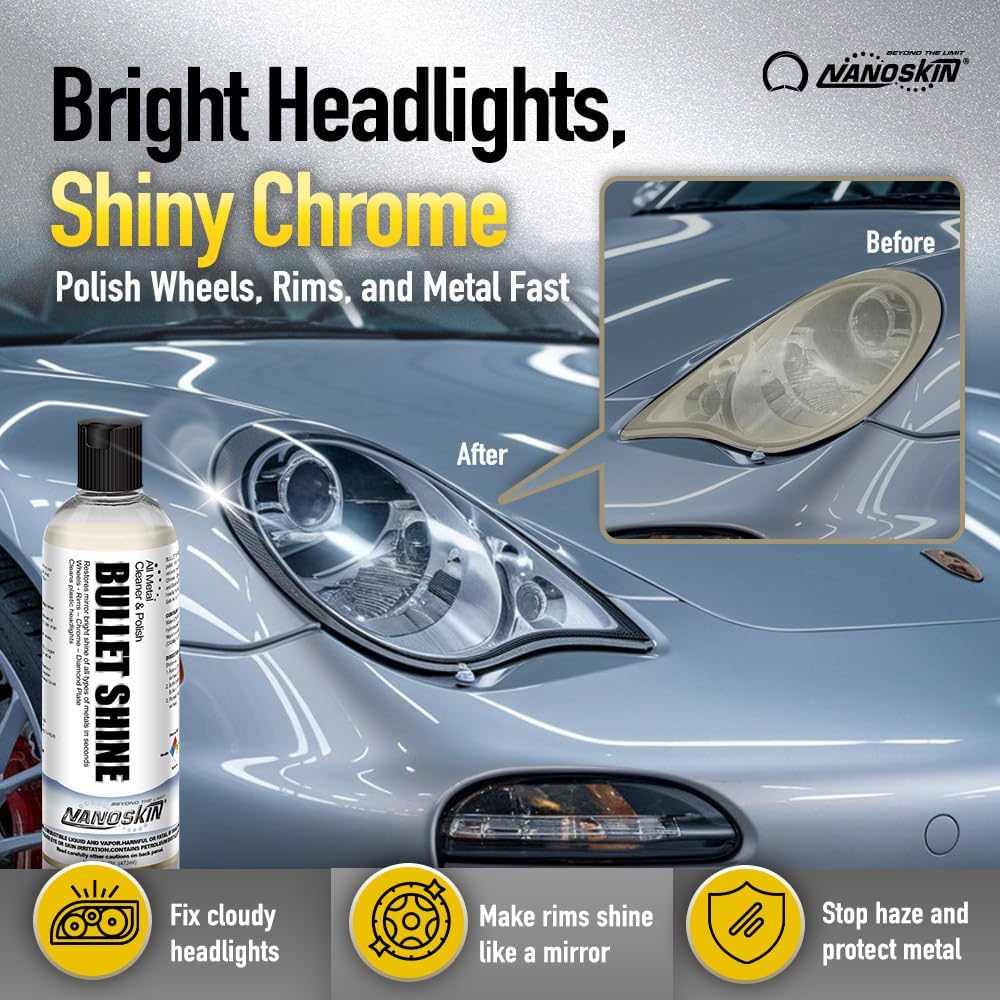Nanoskin BULLET SHINE 16 Oz All Metal Polish & Cleaner – Restores Shine on Stainless Steel, Aluminum, Chrome, Brass, Copper, Silver, Gold & Plastic | Removes Oxidation, Tarnish & Minor Scratches Fast