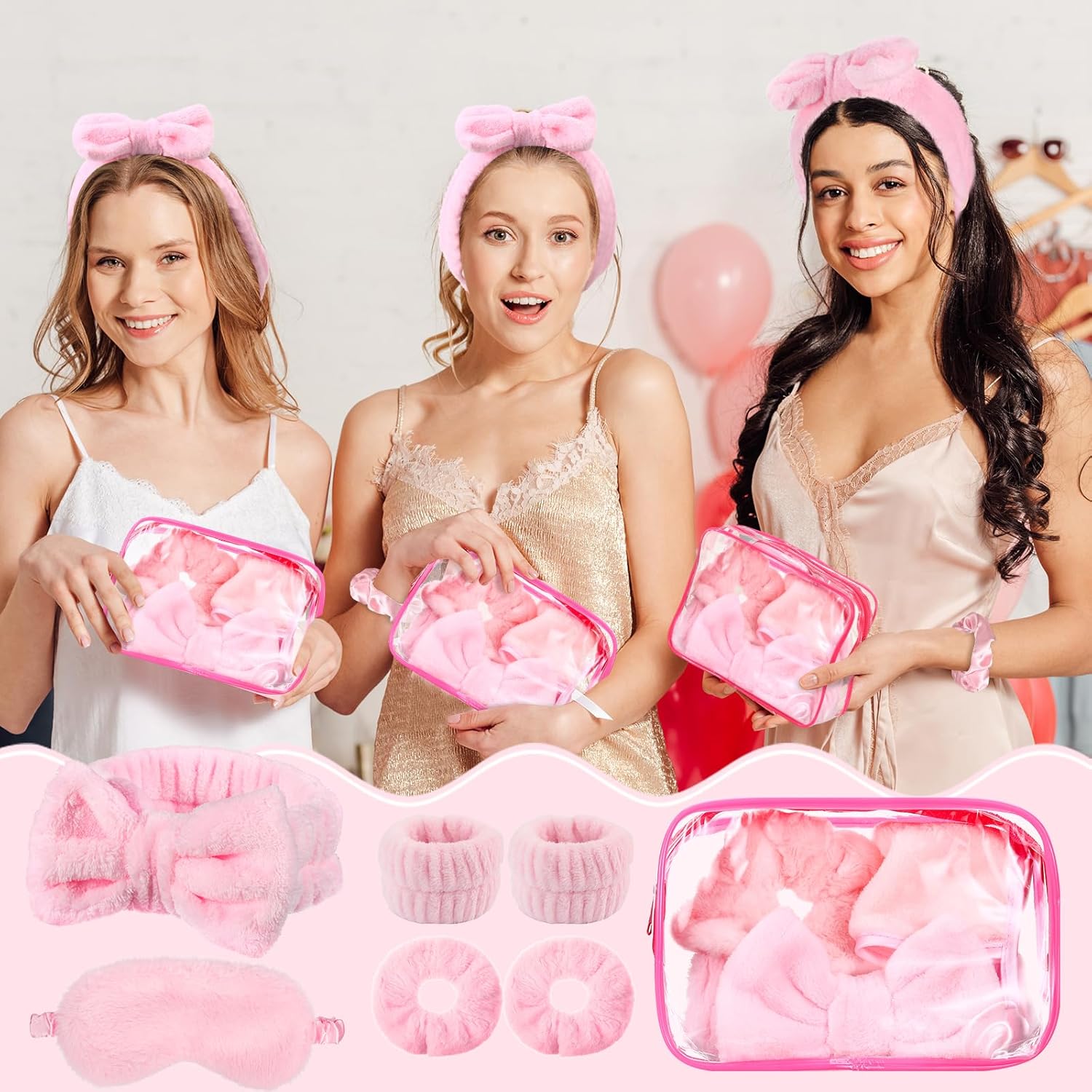 Hoteam 72 Pcs Spa Party Supplies Spa Party Favors 12 Pink Bow Headbands 12 Eye Masks 24 Plush Wristbands 12 Scrunchies 12 Cosmetic Bags for Women Sleepover Slumber Favors Bachelorette Bridesmaids Gift