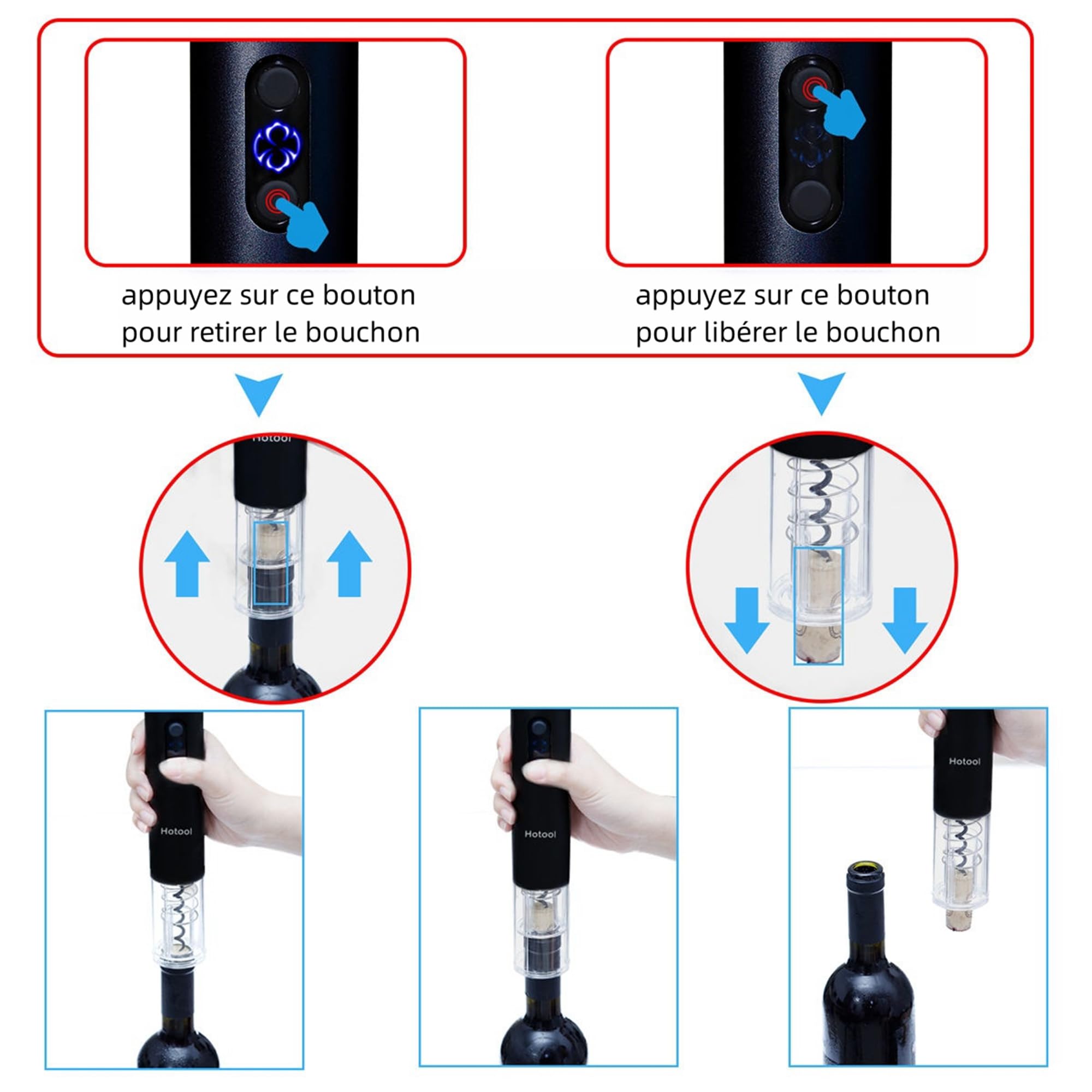 Hotool tire bouchon electrique rechargeable, ouvre-bouteille électrique avec coupe-feuille, bouchon de vin, aérateur de vin et câble de charge USB-C, idée cadeau de noel pour homme papa grand pere
