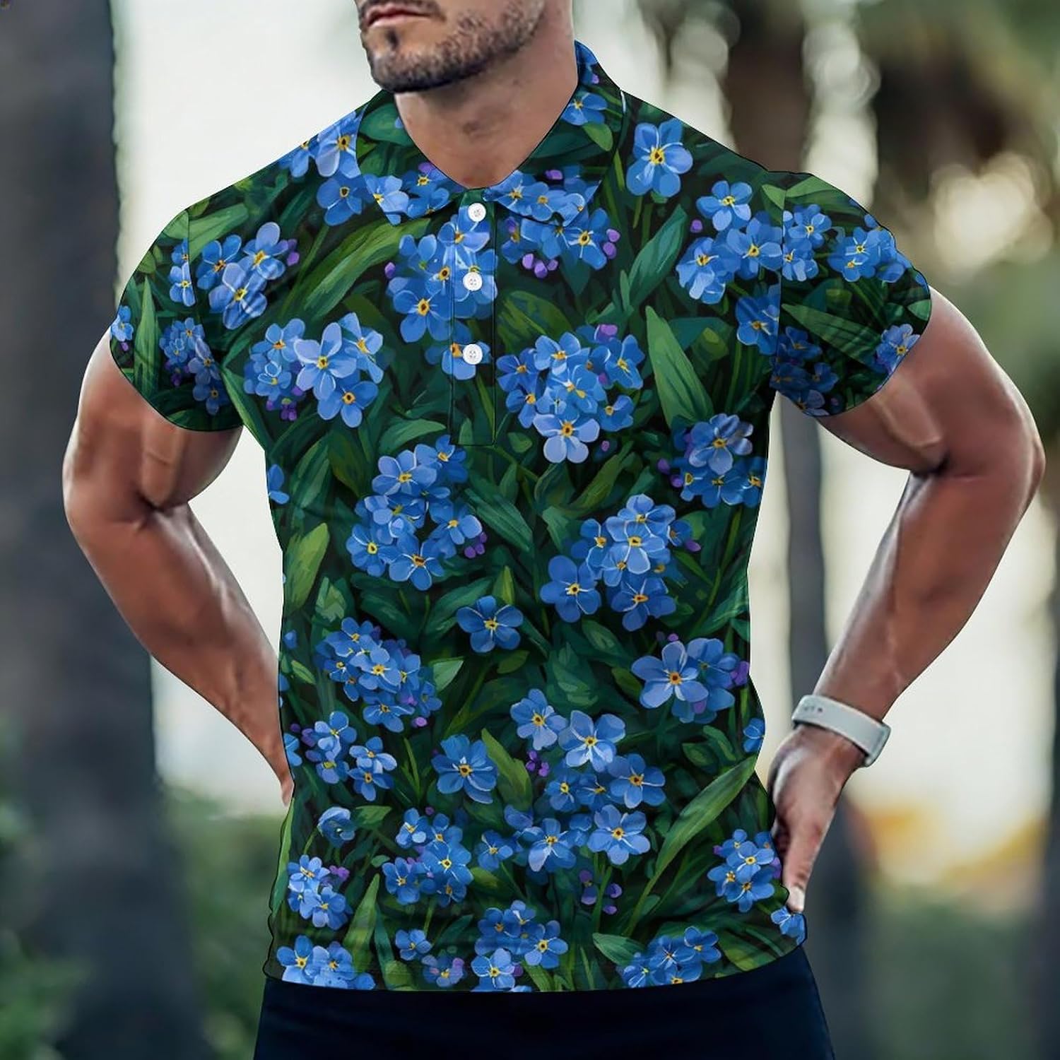 Floral Forget-Me-Nots Green Grass Men's Polo Golf Shirts Collared T-Shirt | short sleeve,three button,quick dry,machine washable,summer tee top