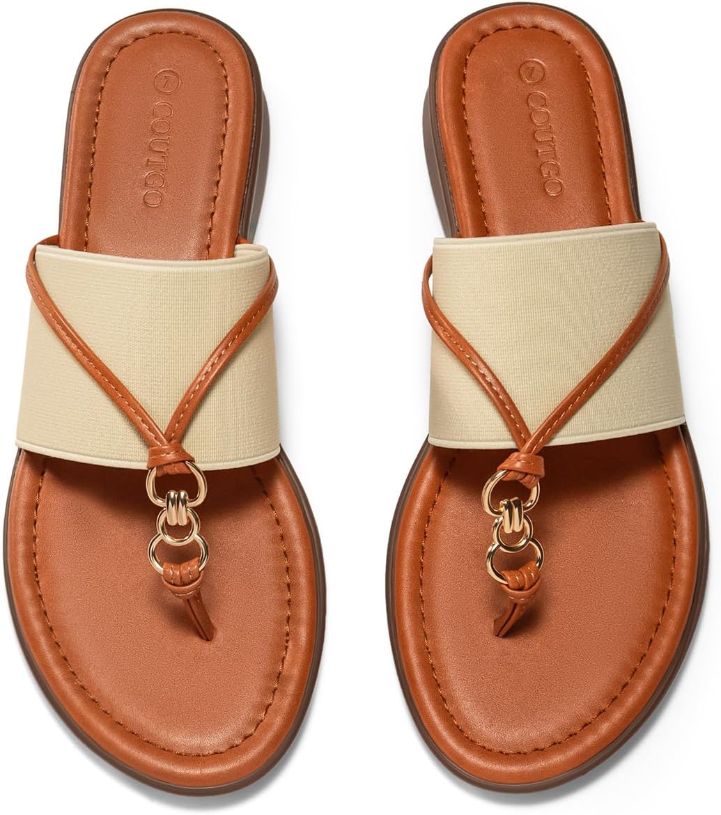 Coutgo Womens Flip Flops Wedge Sandals Dressy Beach Summer Flats Comfortable Slip on Stretch Slippers Shoes