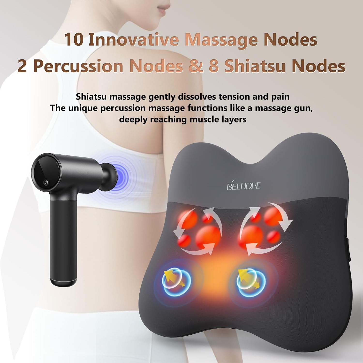 belhope Back Massager with Heat, Cordless Back Massage for Pain Relief Deep Tissue, 4D Shiatsu and Percussion Massage, Lower Back Massager for Office Chair, Gifts for Mother Women Men, Grey
