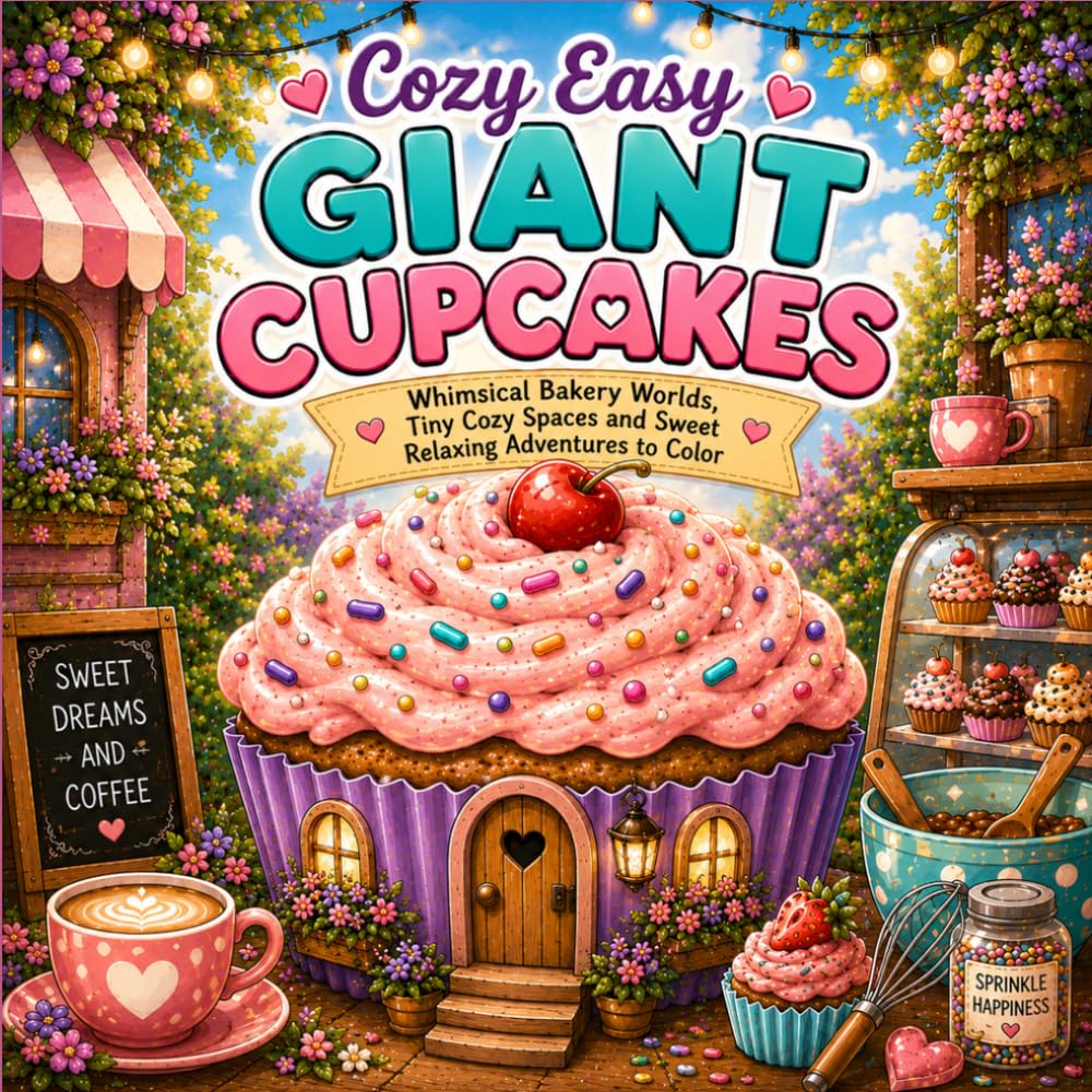 Cozy Easy Giant Cupcakes: Whimsical Bakery Worlds, Tiny Cozy Spaces and Sweet Relaxing Adventures to Color
