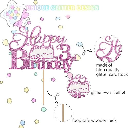 Miniatura 2 de Decoración para tartas de cumpleaños de 3 años, decoración de pastel de cumpleaños con purpurina rosa, decoración de pastel de cumpleaños de tres