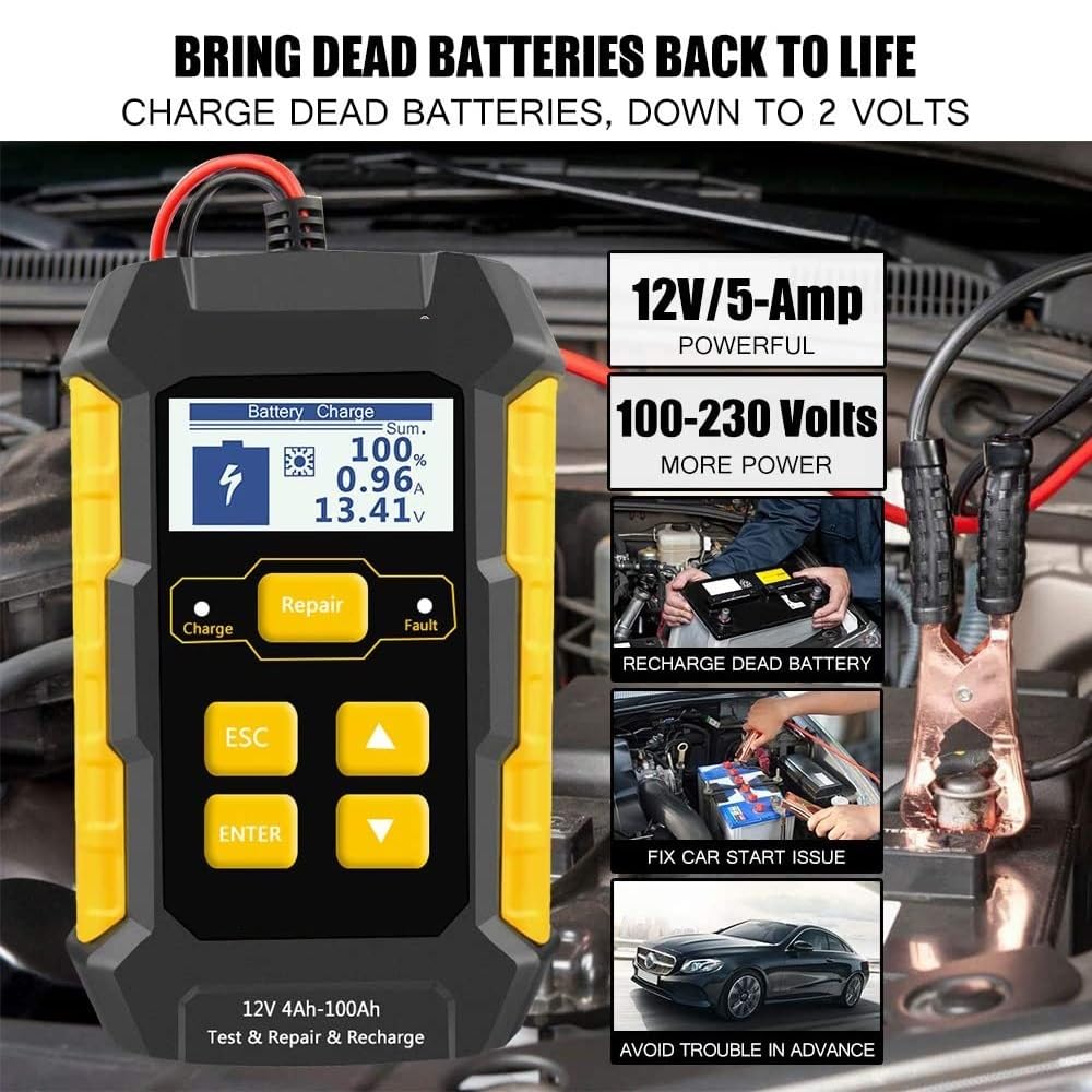 Tester per Batterie, Tester for caricabatterie for auto KW510 Caricabatterie completamente automatico Manutentore for riparazione di impulsi automobilistici 5A Strumento for acido al piombo
