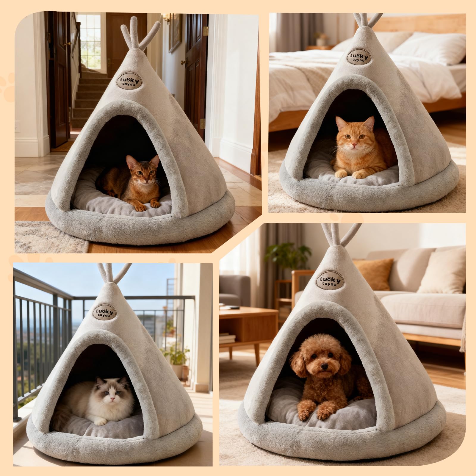 PETCUTE Cuccia per Gatti Semi-Chiusa,Super Morbido,Letto per Gatti con Giocattolo Sospeso e Cuscino Rimovibile Lavabile,Cuccia Gatto Chiusa Interno con Fondo Antiscivolo,XL