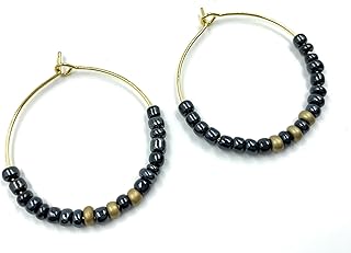 Handmade in Canada - Hematite Dark Grey/Metallic Gold Beaded Hoops - Glass Beads - Beaded Hoop Earrings - Stainless Steel Gold Hoops - Small Chunky Hoops - Hypoallergenic Earrings - Sensitive Ears - Glass Czech Beads, Stacked Hoops - Modern Jewelry - Artisan Made