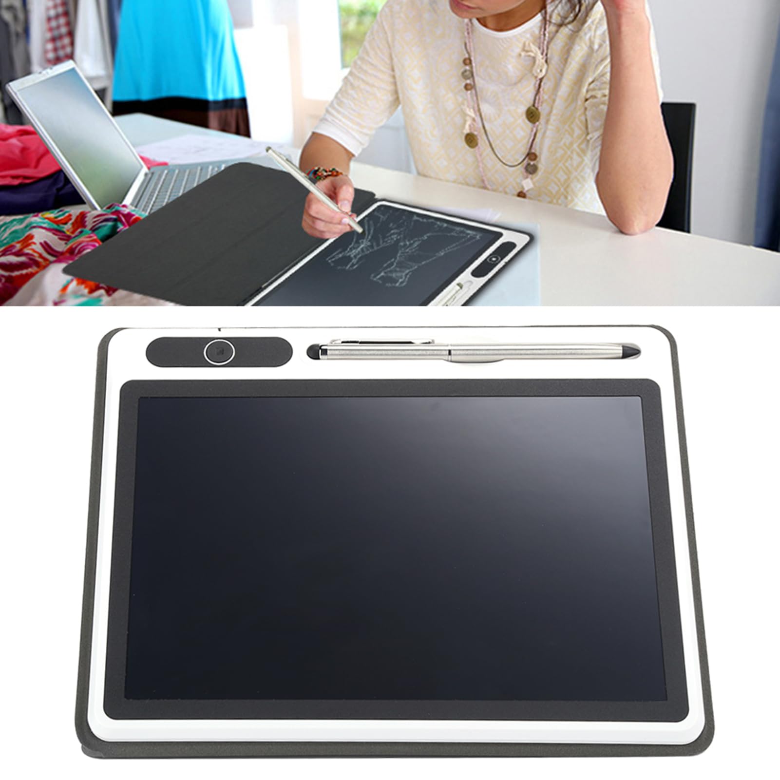 LCD Writing Tablet, Doodle Scribbler Pad Flexible and Bright Drawing Board for Business Supplies, with Hand Painting Tool (Black (with leather case)) — view 2