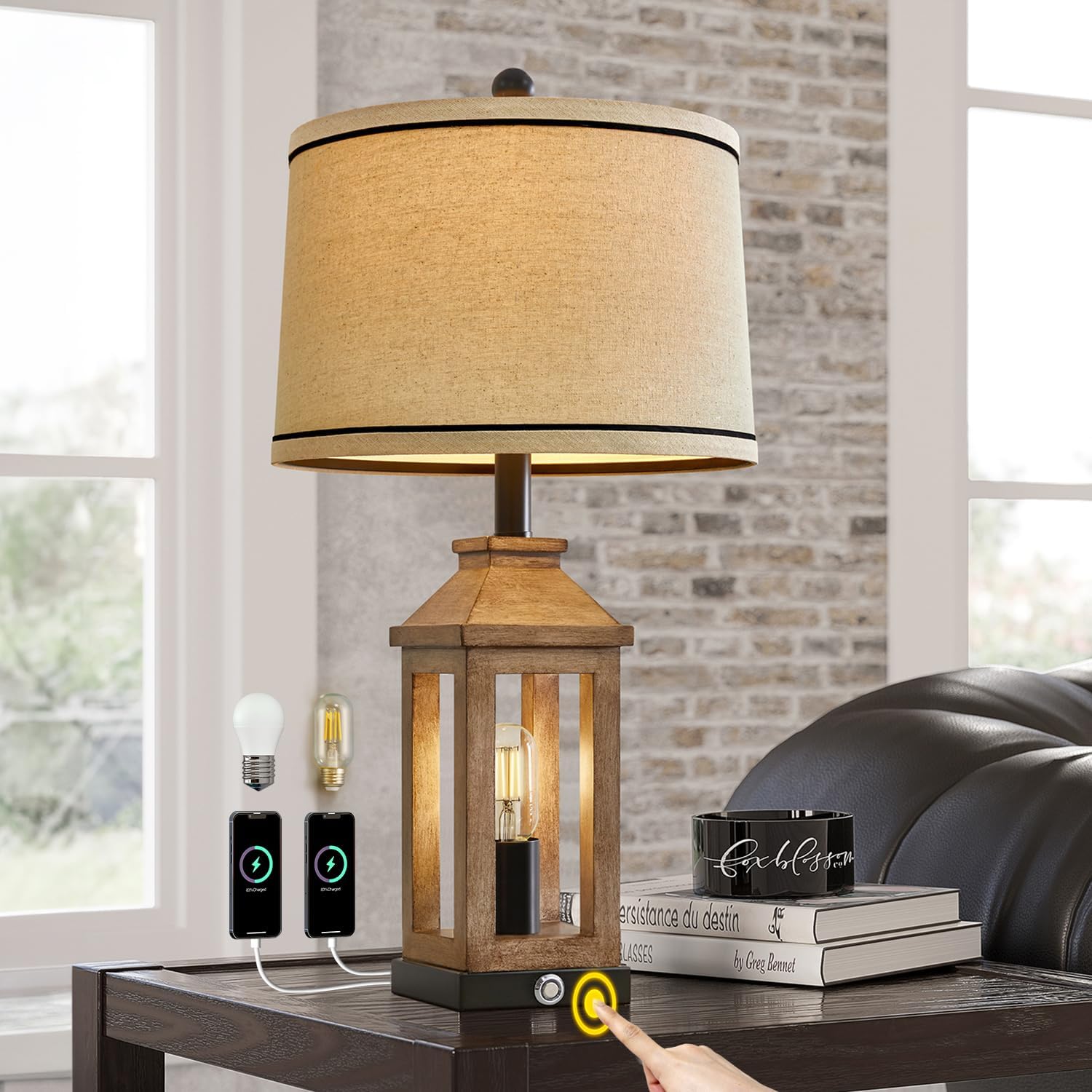23.75" Farmhouse Table Lamps USB A+C Charging Ports 3-Way Dimmable Touch Control Lamp Nightlight Vintage Modern Lamp for Living Room Bedroom with 2 Light Sources Wood