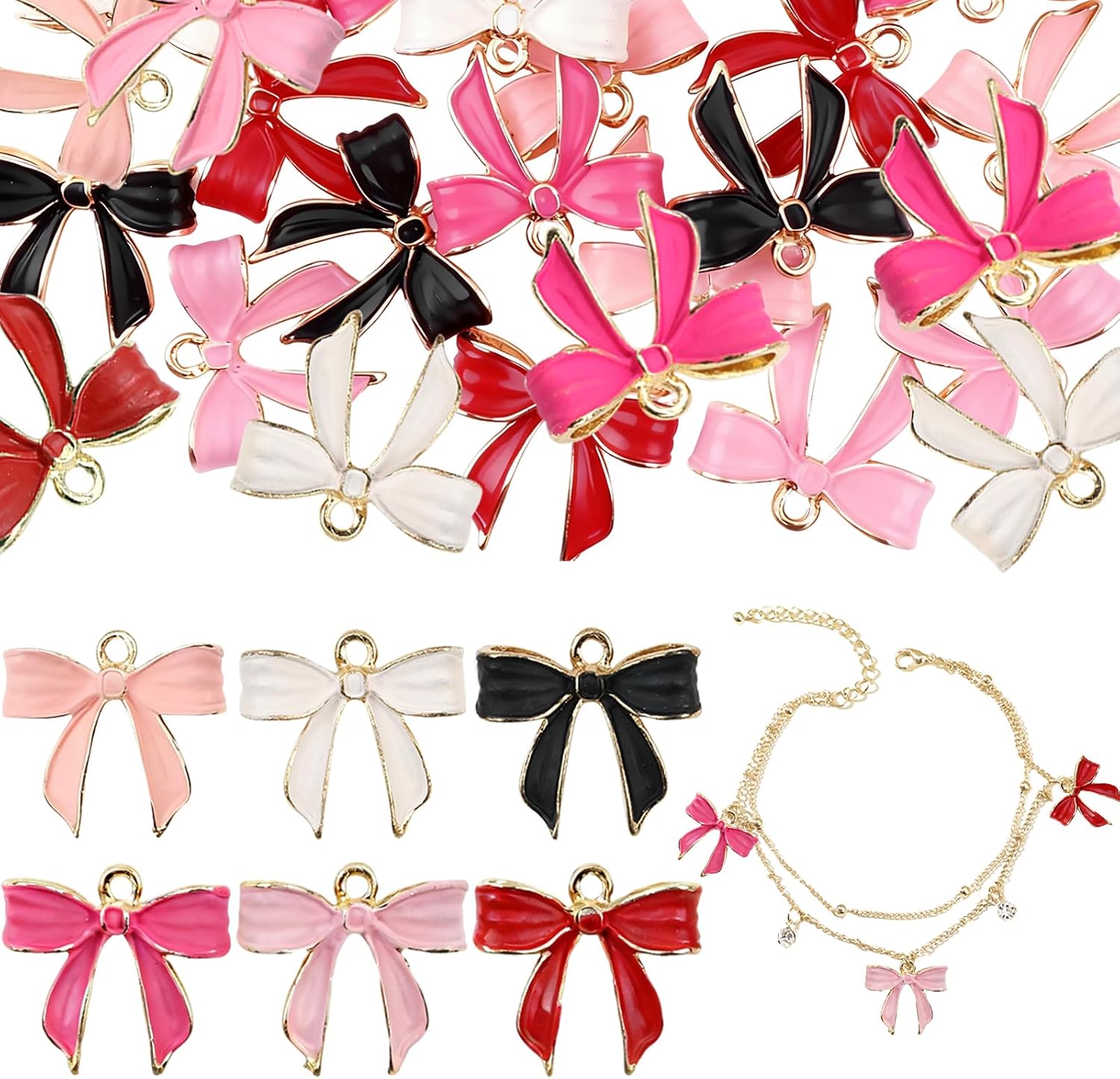 Cute Bow Charms for Bracelet Jewelry Making Supplies Colourful Bow Bracelet Keychain Charms Necklace Earring Bag Jewelry Making Charm Gold Metal Pendant Charm DIY Craft for Adults