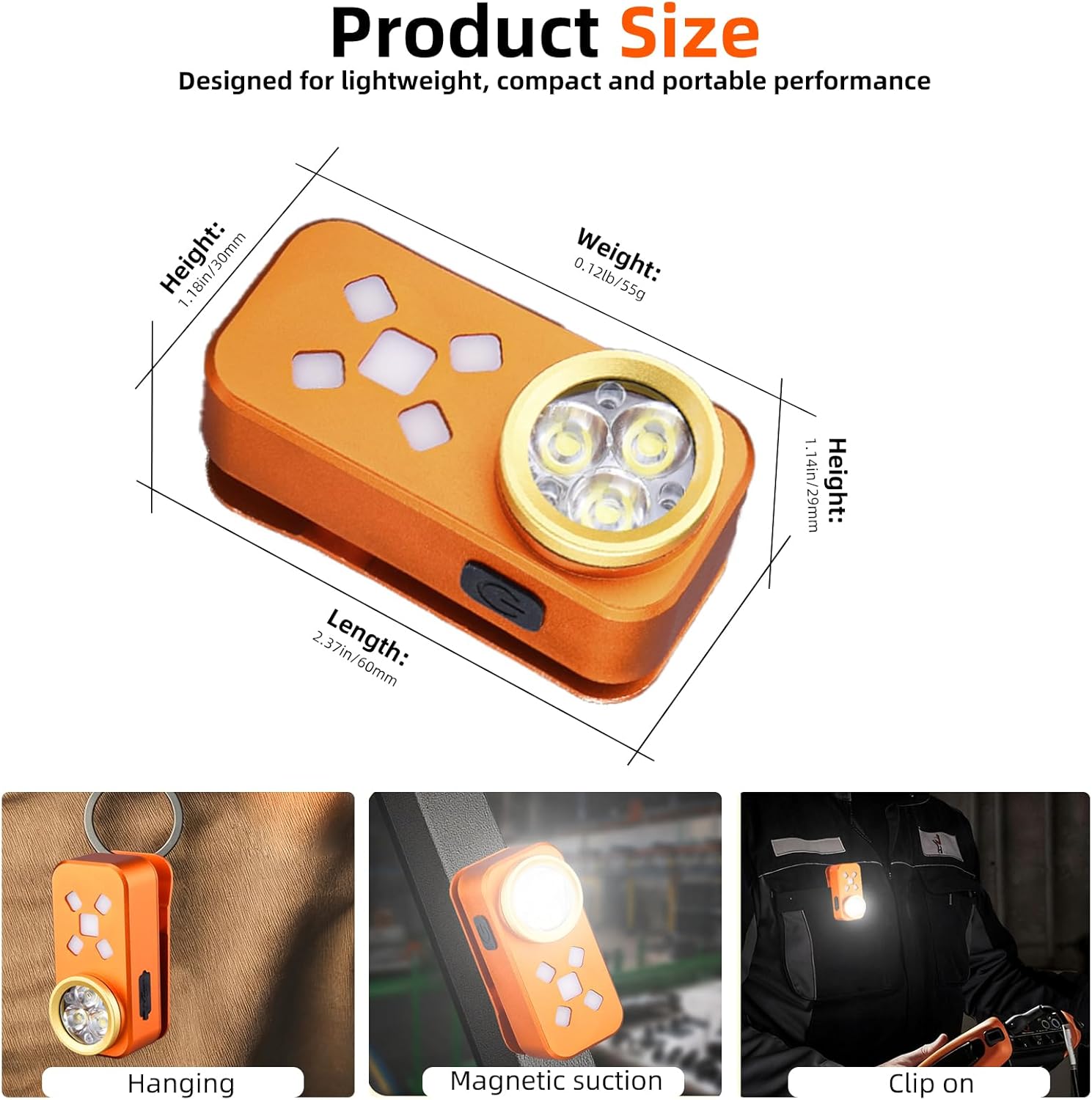 Rechargeable EDC Flashlight, 500 Lumens Portable Clip On Light, Pocket Flashlights Rechargeable, IP68 Waterproof Mini EDC Flashights for Signaling, Camping, Emergency (Orange)