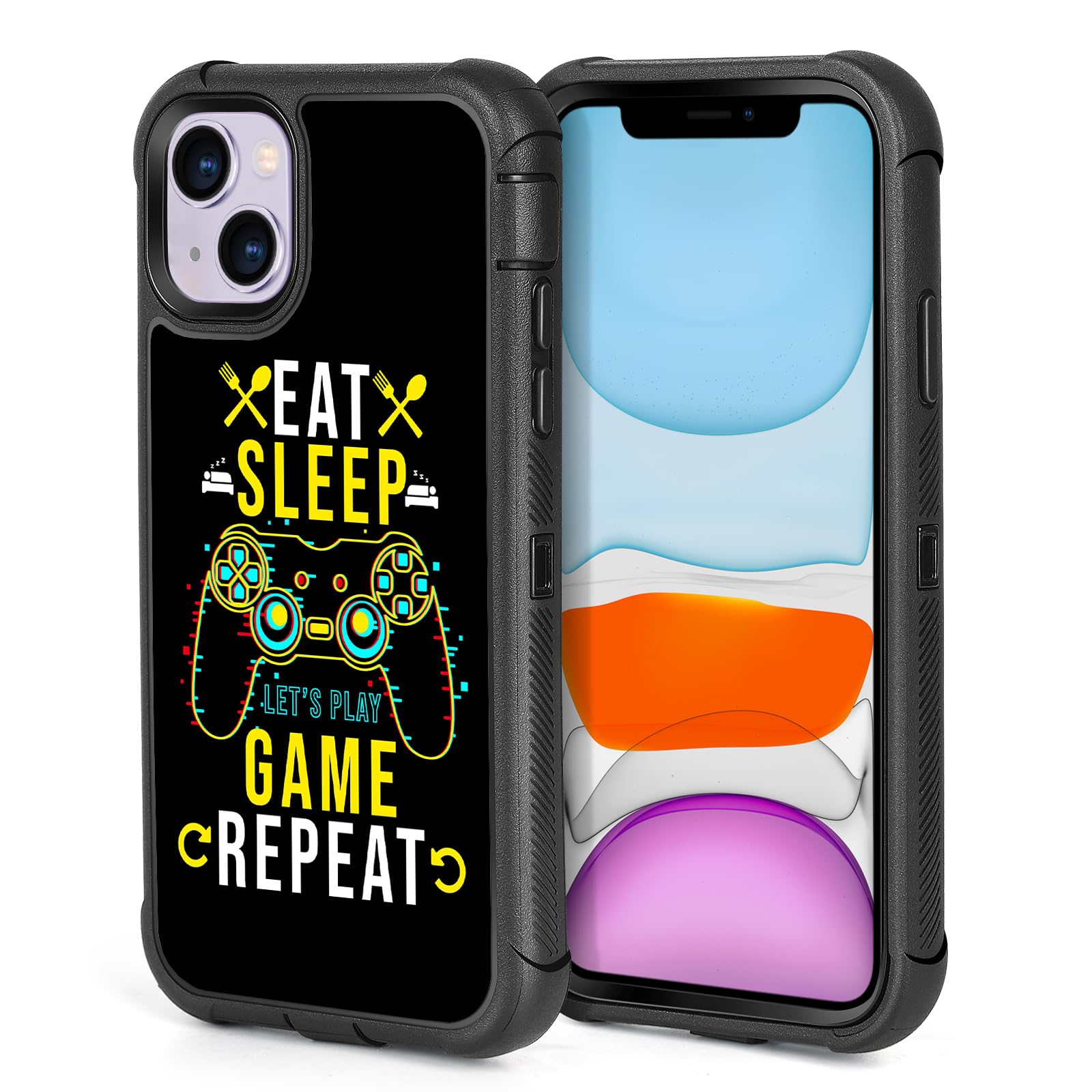XWMHHP Compatible with iPhone 15 Case Cool Eat Sleep Game Repeat Design for Boys Kids Teens, 3-Layer Rugged Shockproof Anti-Slip Hard Bumper Silicone