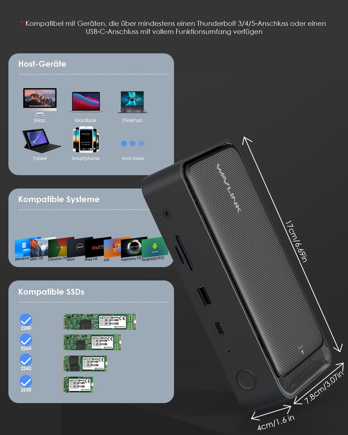 WAVLINK Laptop Dockingstation für DREI Bildschirme (einzeln 8K@30Hz/4K@144Hz), USB-C-Dock mit M.2-PCIe/SATA-SSD-Gehäuse, unterstützt 100 W Power Delivery, USB C/A, SD/TF, Gigabit für Windows, Mac OS