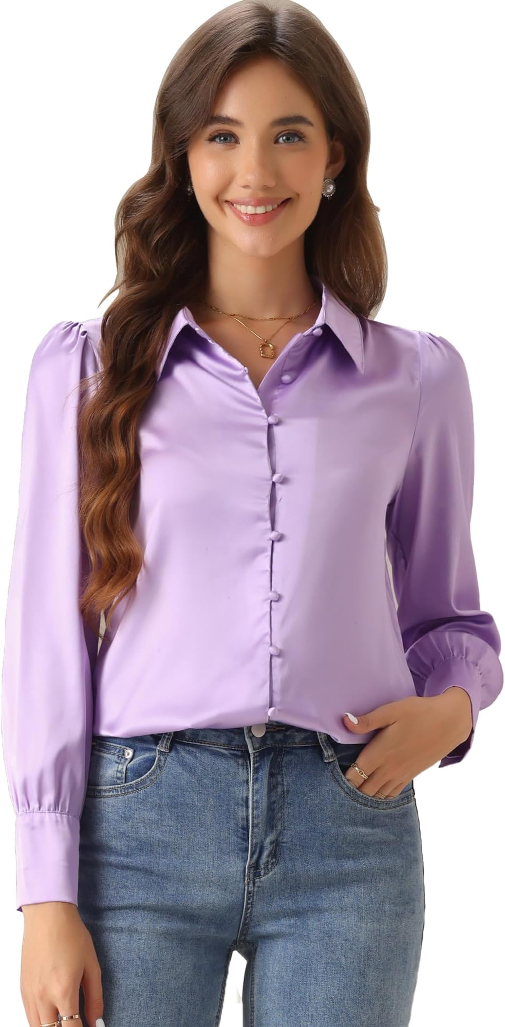 Women's Satin Blouse Puff Long Sleeve Collared Button Down Shirt Dressy Office Work Top Business Casual