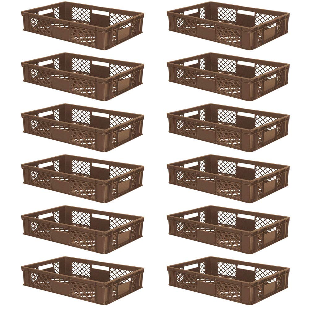 BRB 12x Eurobehälter/Stapelkorb durchbrochen, PE-HD, Industriequalität, lebensmittelecht, LxBxH 600x400x150 mm, braun