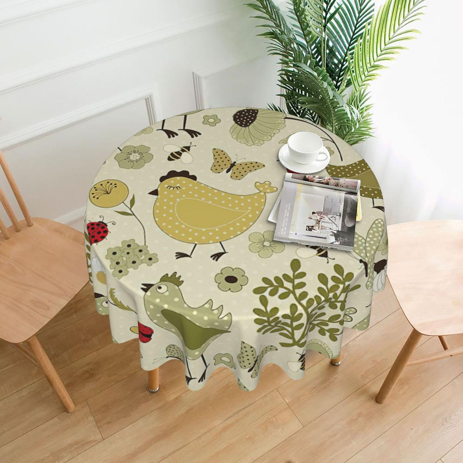 SDEGTHO yellow leaves chicken Print Modern Retro Round Tablecloth 60in Polyester Fabric Cover for Party Dining Table Washable