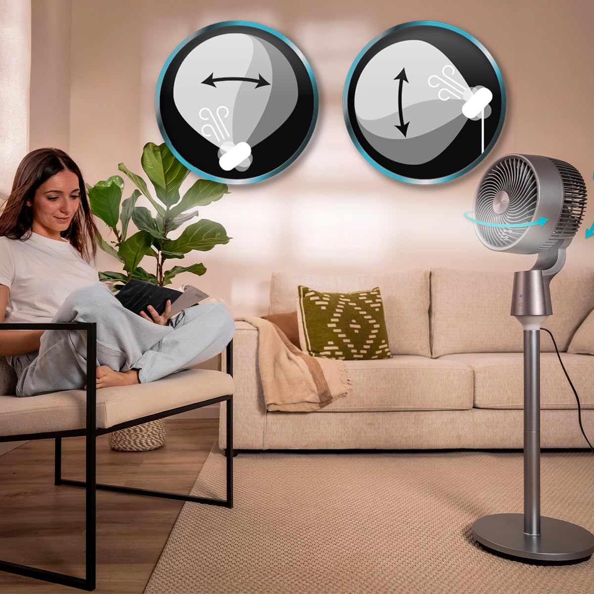 Cecotec Standventilator EnergySilence 1500 Cyclone Chantal. 50 W, 8 Geschwindigkeitsstufen, Touch-Bedienfeld, LED-Display, 12-h-Timer, LED-Beleuchtung, höhenverstellbar, Oszillation, Aromafach