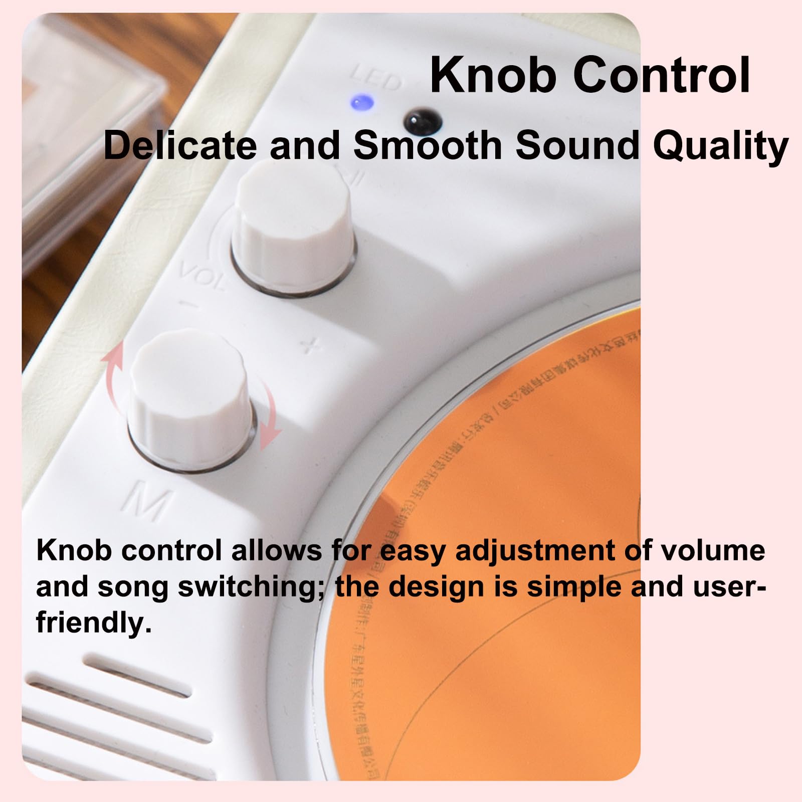 Lettore CD con pannello posteriore magnetico e luce ambientale, doppi altoparlanti integrati, controllo manopola, si collega a cuffie e tablet per la riproduzione di musica