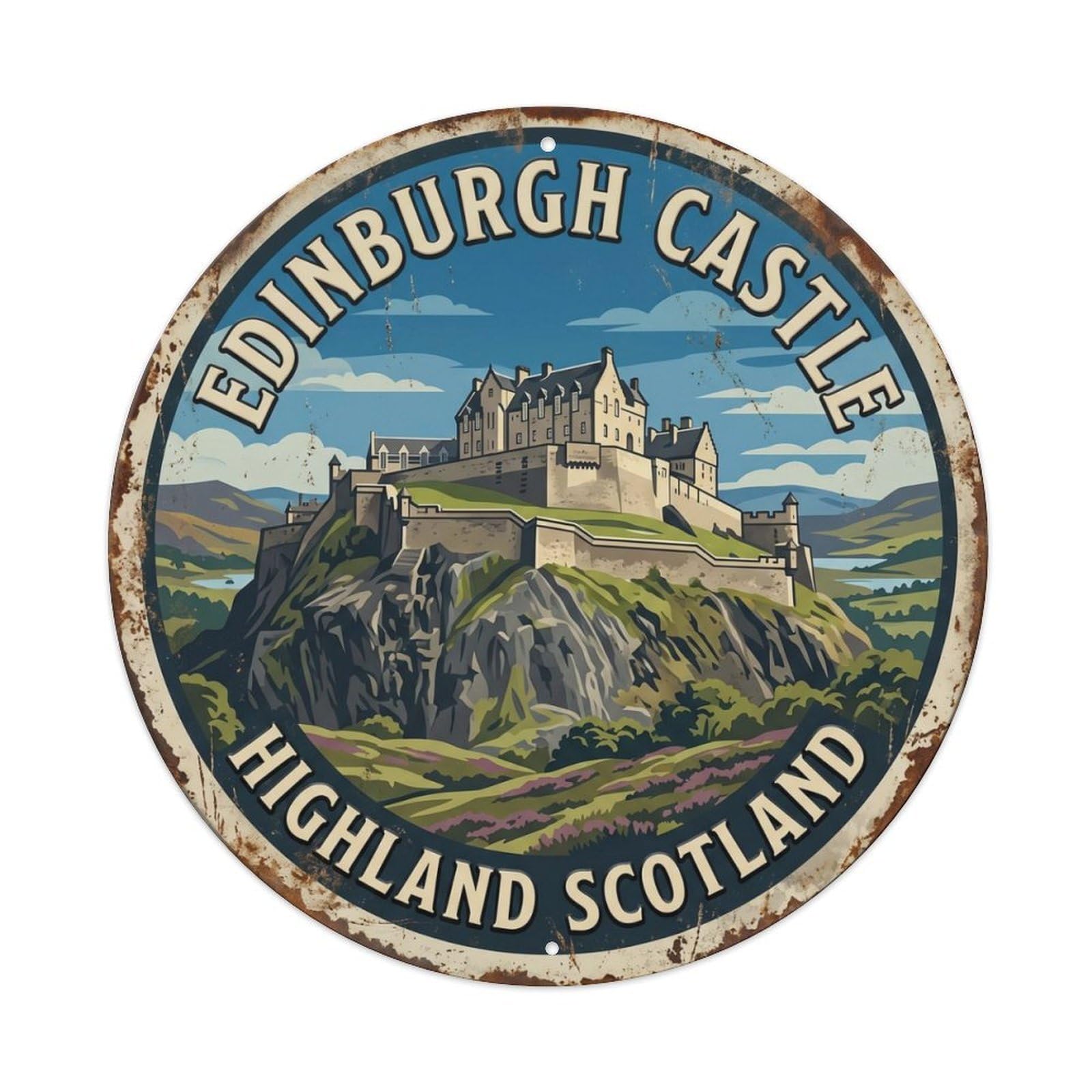 Edinburgh Castle Highland Scotland Fortress Metal Tin Sign Plaque Wall Decor for Cafe, Club Bar, Office, Home Garden Round Metal Poster 8x8Inch