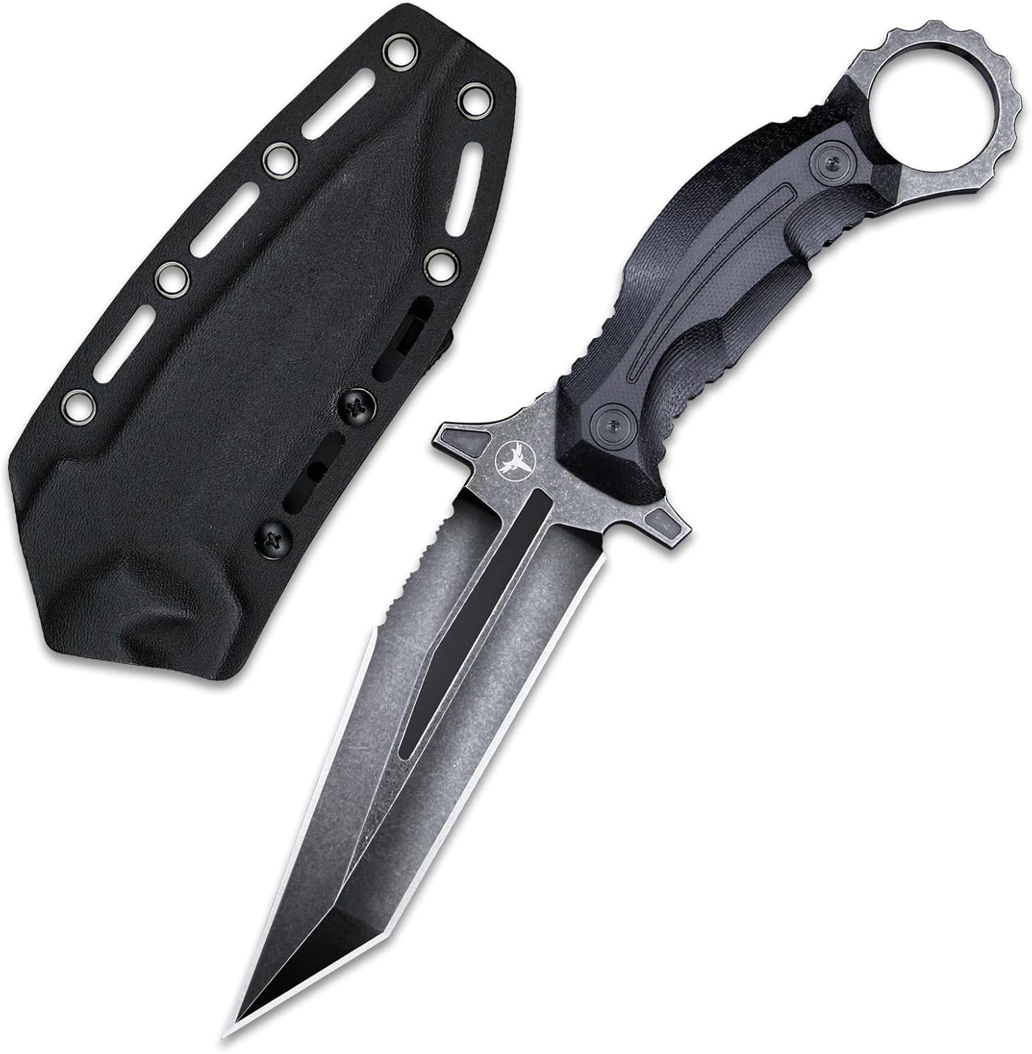 Rock Fixed Blade Knife Sleipner Steel Flat Ground Double-Edged Tanto Blade G10 Handlewith Kydex Sheath for Outdoor Camping Hunting Hiking Survival EDC Tool (Black)
