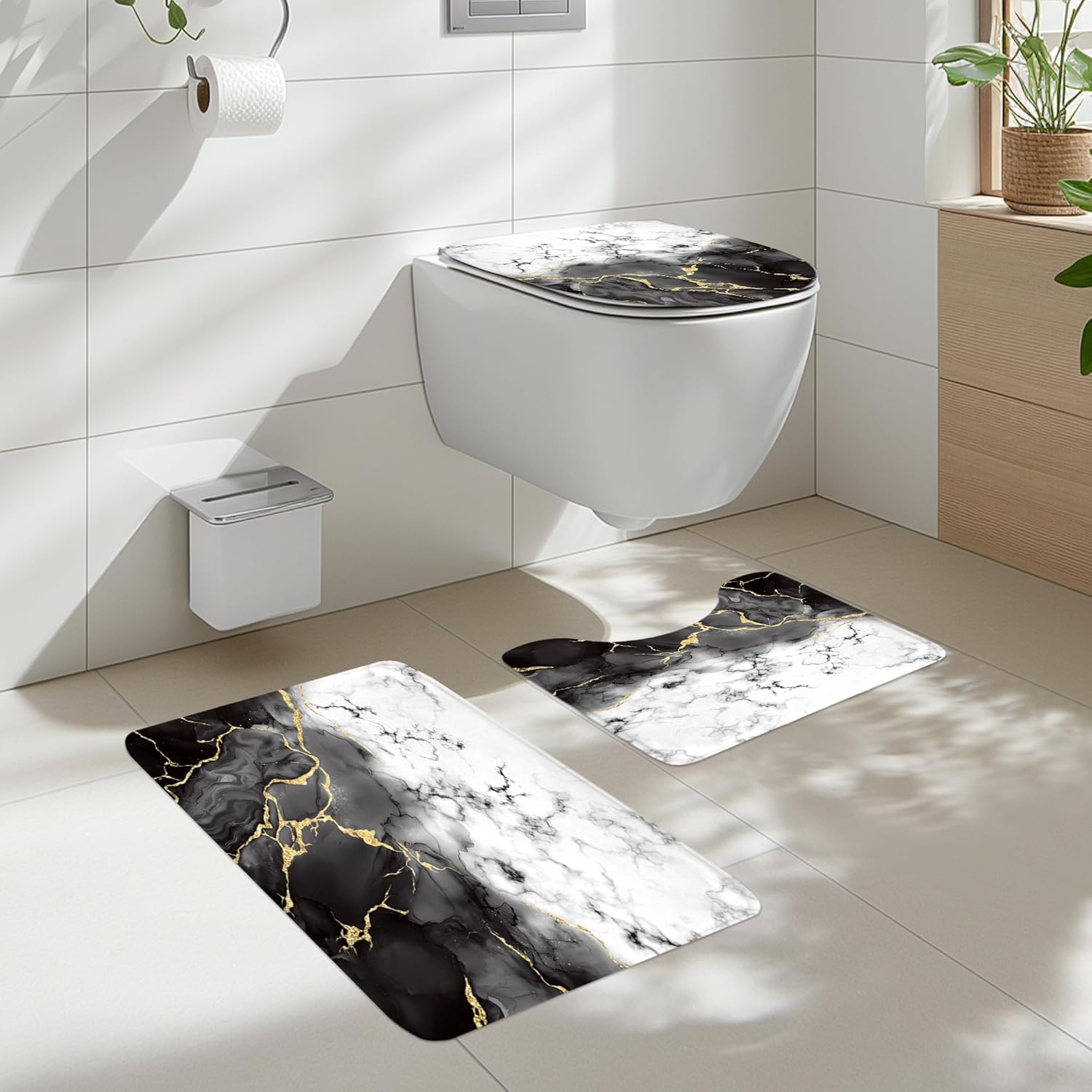 Cinbloo 4Pcs Black Gold Marble Shower Curtain Set, Abstract Cracked Lines Modern Minimalist Bathroom Curtain with Rug, Toilet Lid Cover, Bath Mat, Luxury Aesthetic Shower Curtain with 12 Hooks