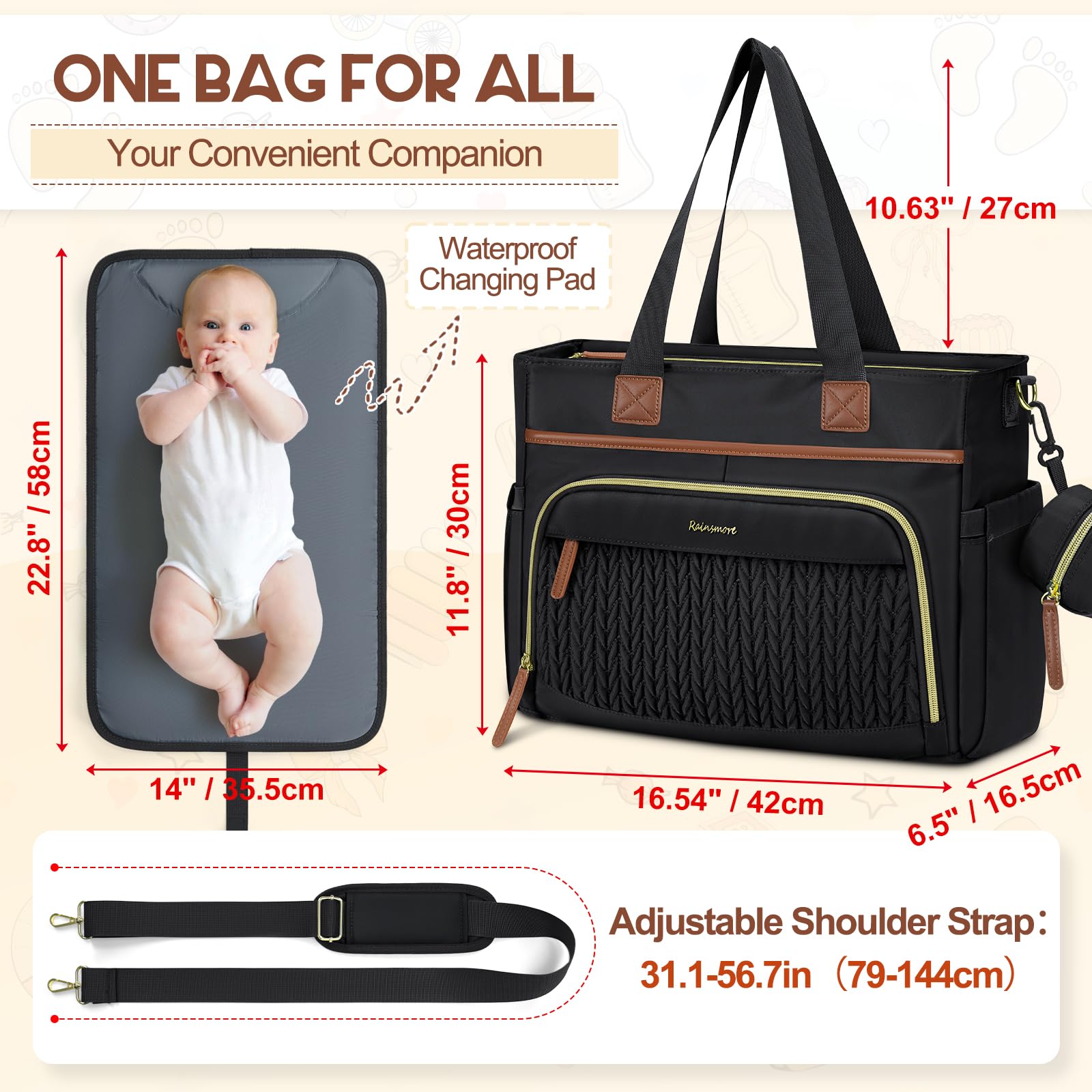 RAINSMORE Sac à langer fourre-tout pour bébé avec étui à tétine, grand sac à langer de voyage pour maman et papa, sac multifonction pour bébé