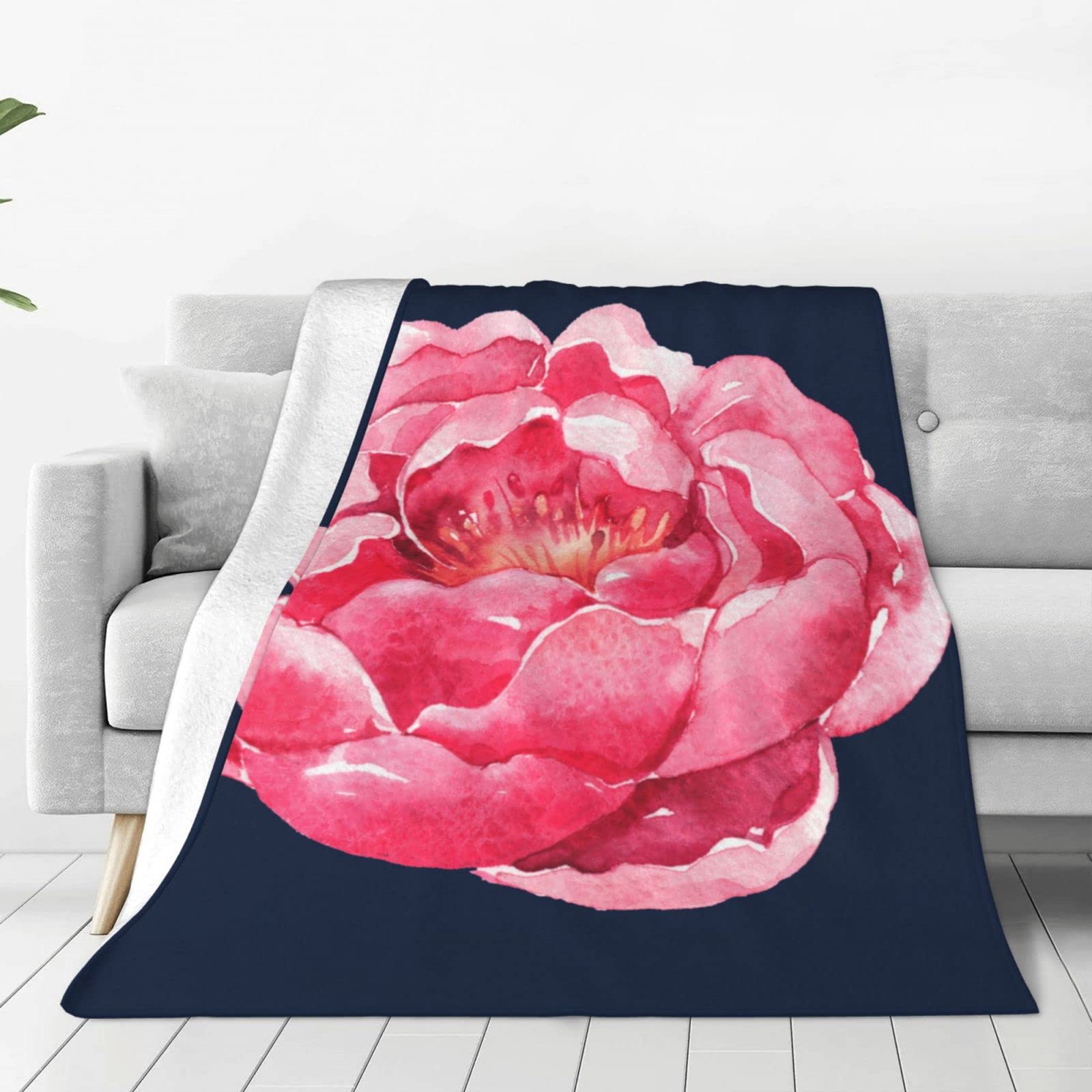 Lsjuee Throw Blanket Watercolor Peony Flower Warm Cozy Soft Lightweight Flannel Fleece Blanket for Bedroom Sofa Room Home Decorative Fuzzy Blanket 80"x60"