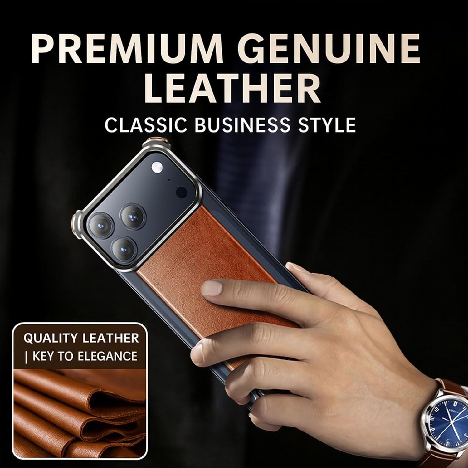 Magnetic Leather Case for iPhone 17 Pro Max/17 Pro, Genuine Leather Back with Aluminum Alloy Frame, Compatible with MagSafe Slim Cover with Hidden Kickstand, Shockproof Corners(Black,17 Pro)