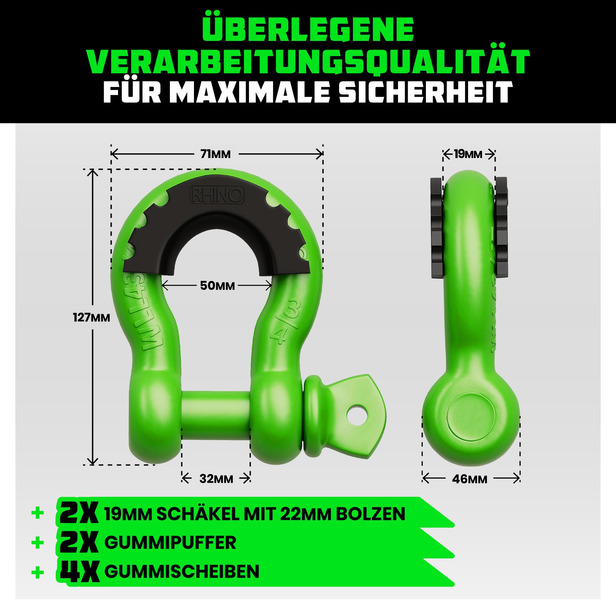 Rhino USA D-Ring Schäkel (2 Stück) – 18.983kg Bruchfestigkeit – Schwerlast 1,9 cm Augbolzen Schäkeln mit 2,2 cm Bolzen für Abschlepp und 4X4 Einsatz – Paar mit Abschleppgurt für Fahrzeugbergung (Grün)