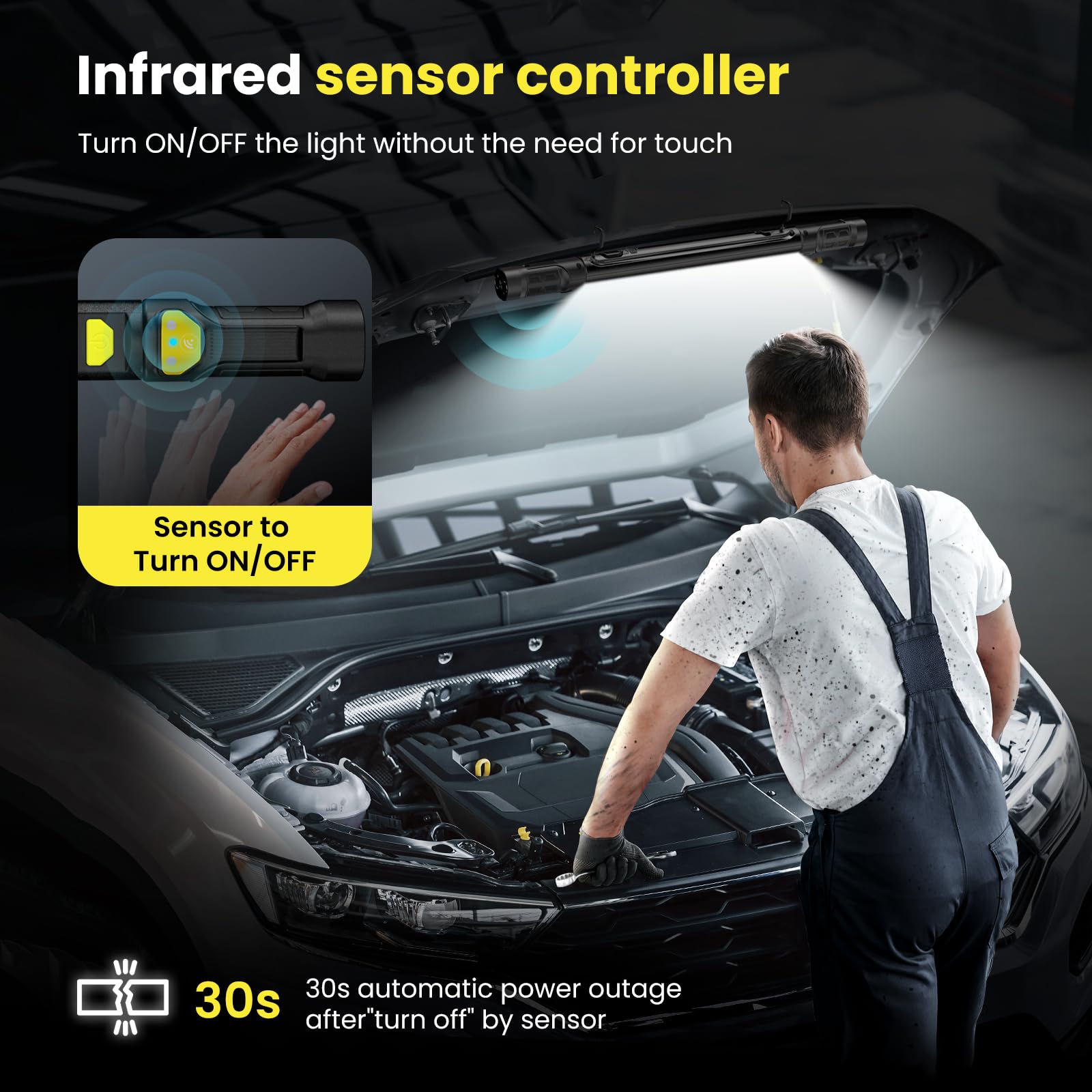 ETOOLAB LED Werkstattlampe, LED Arbeitsleuchte, Echte 1200lm, Motorraumleuchte mit starkem Magneten, 360°Haken, 5200 mAh,Anwesenheits-Sensor, Dimmbar/Drehbares Lichtmodul, für Arbeit und Leben