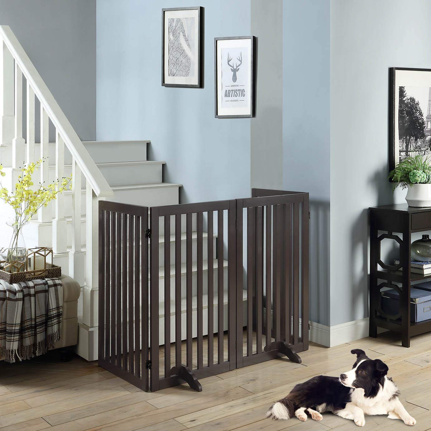 unipaws Puerta de pie para mascotas de 36 pulgadas de alto para perros y gatos, puertas altas de madera para puerta, escaleras, valla plegable para mascotas para la casa, barrera expandible para