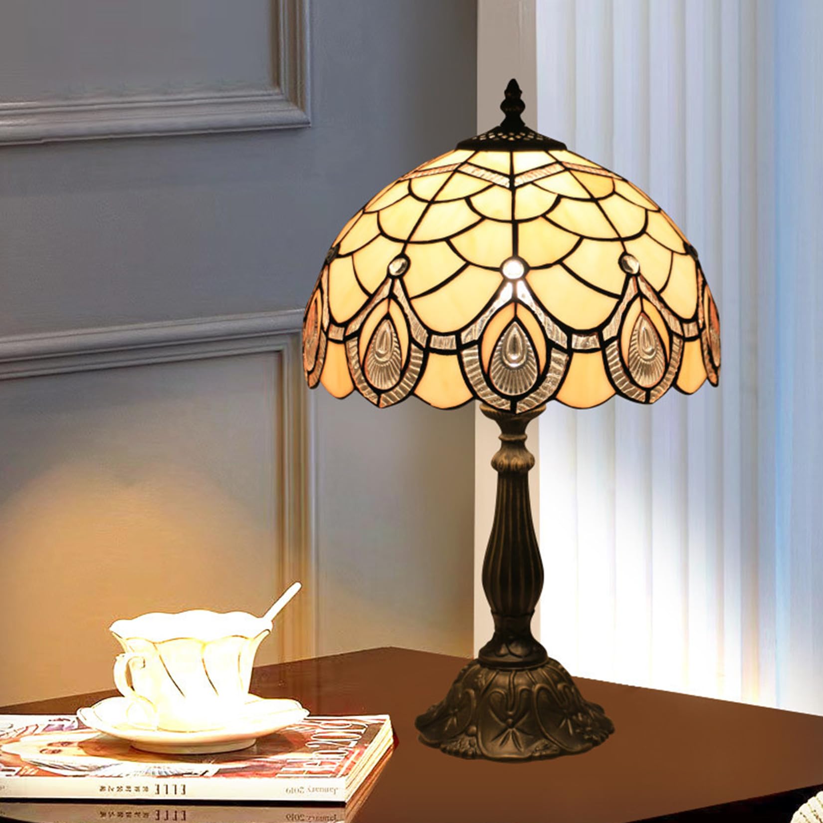 Lampenschirm Ersatz 12" Creme Bernstein Buntglas Lampenschirme nur mit Kappe klar Pfau Perlen Weinlese-Licht Abdeckung fit für Tischlampe Pendelleuchte Deckenleuchte Haus Dekoration