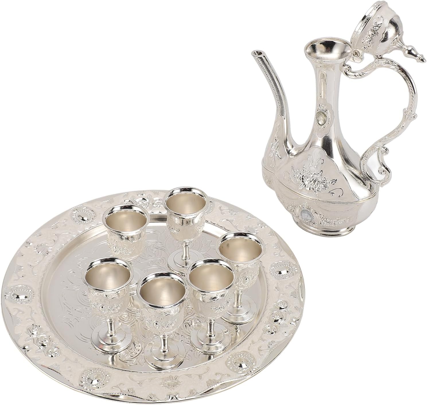 AYNEFY Vintage Turkish Coffee Pot Set, Zinc Alloy Coffee Set with 6 Cups and Tray, Elegant for Tea Party and Wedding (Silvery White)