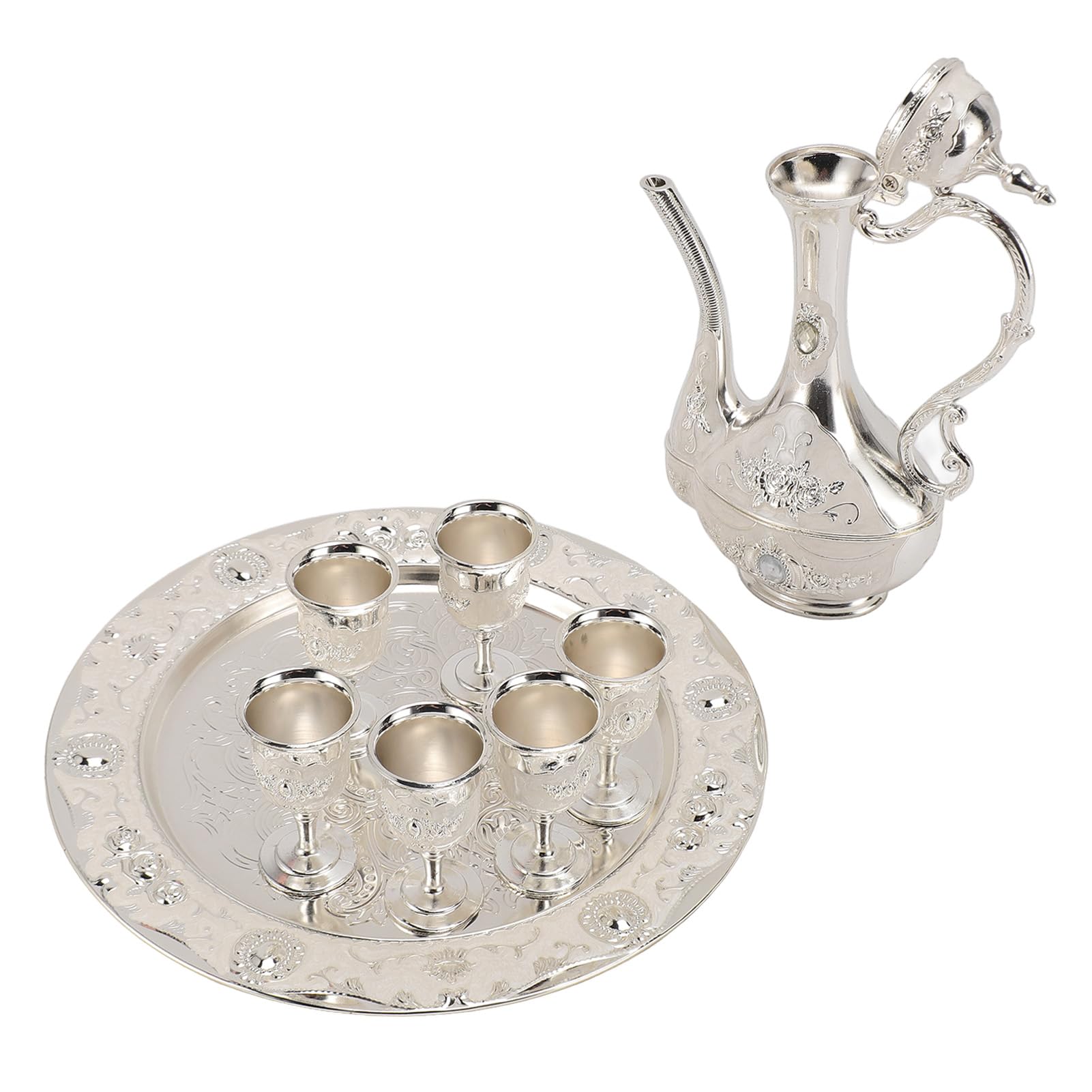 vfdaSWQQ Tea set, Vintage Coffee Tea Pot Set with 6 Trays Zinc Alloy Teapot for Home Party Banquet Wedding(White)