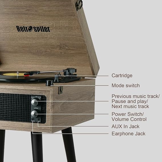 Standing 3-Speed Record Player, Bluetooth Turntable with Built-in Speakers and Detachable Legs, USB Playback& Vinyl-USB Recorder, Oatmeal
