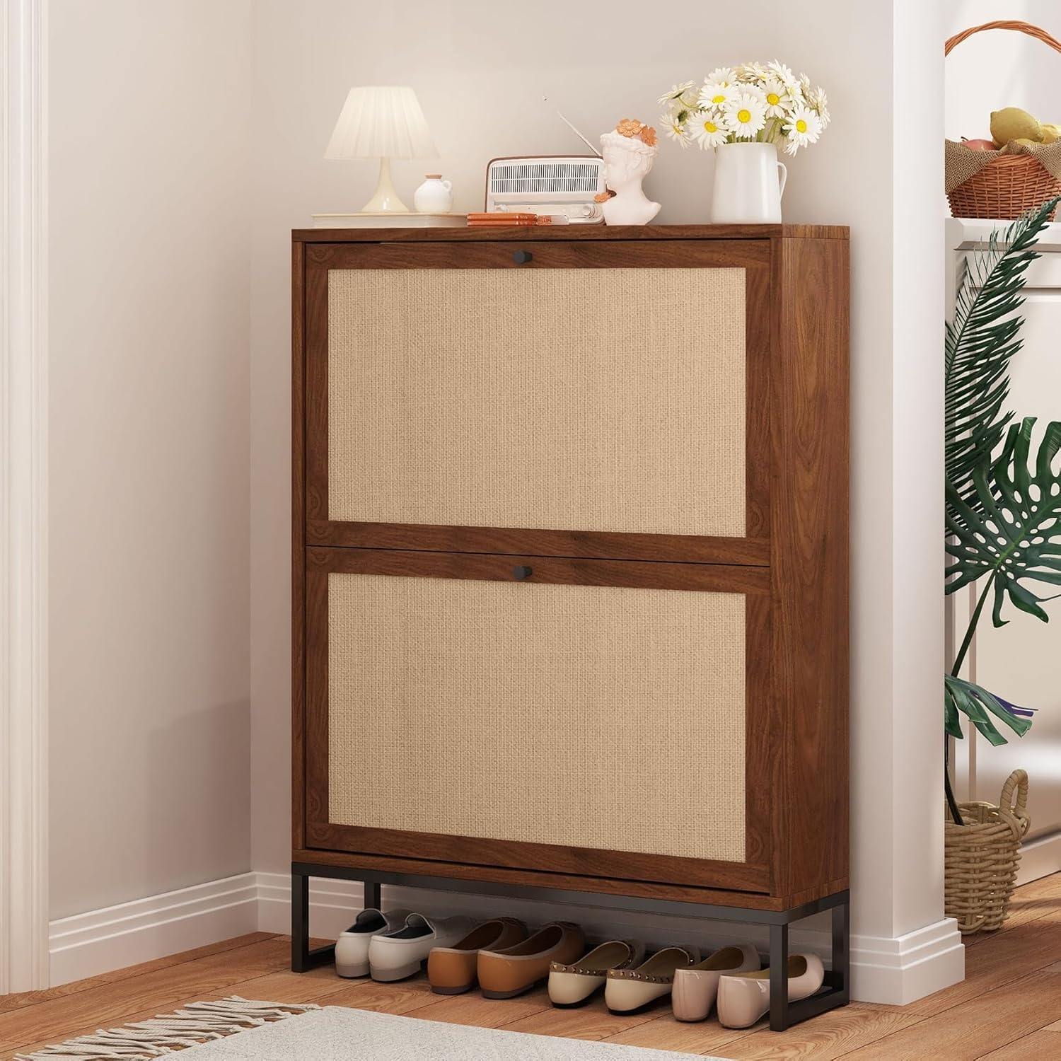 GuannCraft Schuhschrank, mit 2 Klappenschubladen, schmaler Schuhschrank mit modernen schmalen Ablagefächern,80 x 23,5 x 100 cm geeignet für Flure und Eingangsbereiche