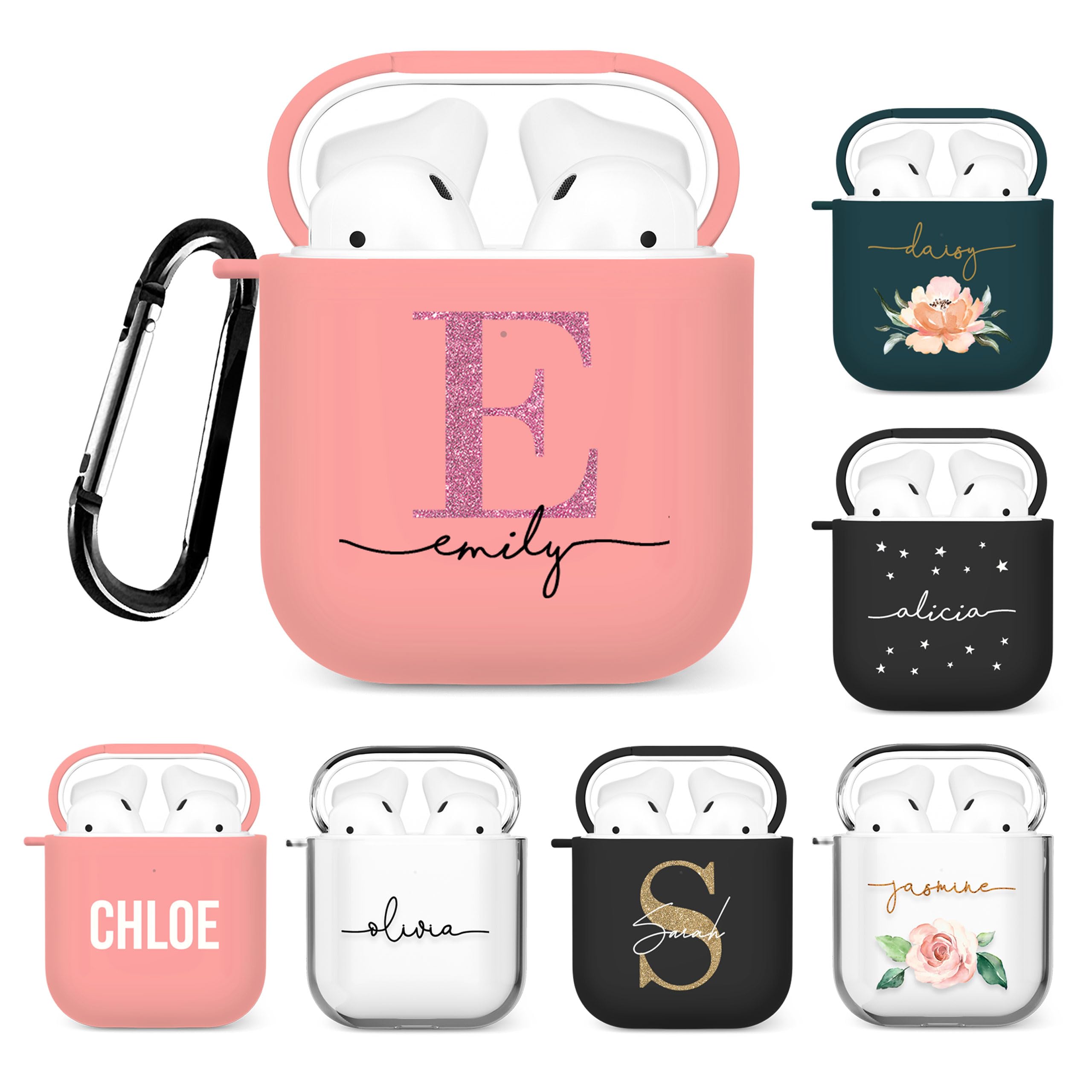 Tirita Personalised Custom Case Compatible with Apple AirPods 4th gen, Support Wireless Charging, with Carabiner, Front LED Visible [08- Rose Gold Monogram] — view 38