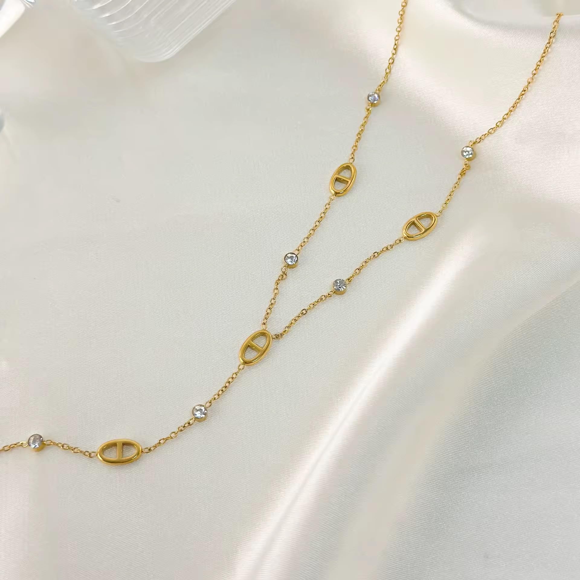 collier sautoir chaine en y - pendentif nez de cochon et strass - maille marine - acier inoxydable- argent ou or - collier personnalisé-collier tendance