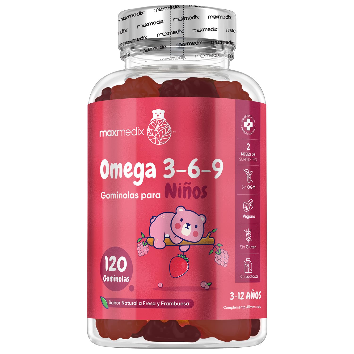 Gominolas de Omega 3 6 9 para Niños 400mg - 120 Unidades Sabor Fresa y Frambuesa, 2 Meses de Suministro - Omega 3 para Niños de 3 a 12 Años - Gominolas Veganas, Sin Lactosa y Sin Gluten, Omega Kids