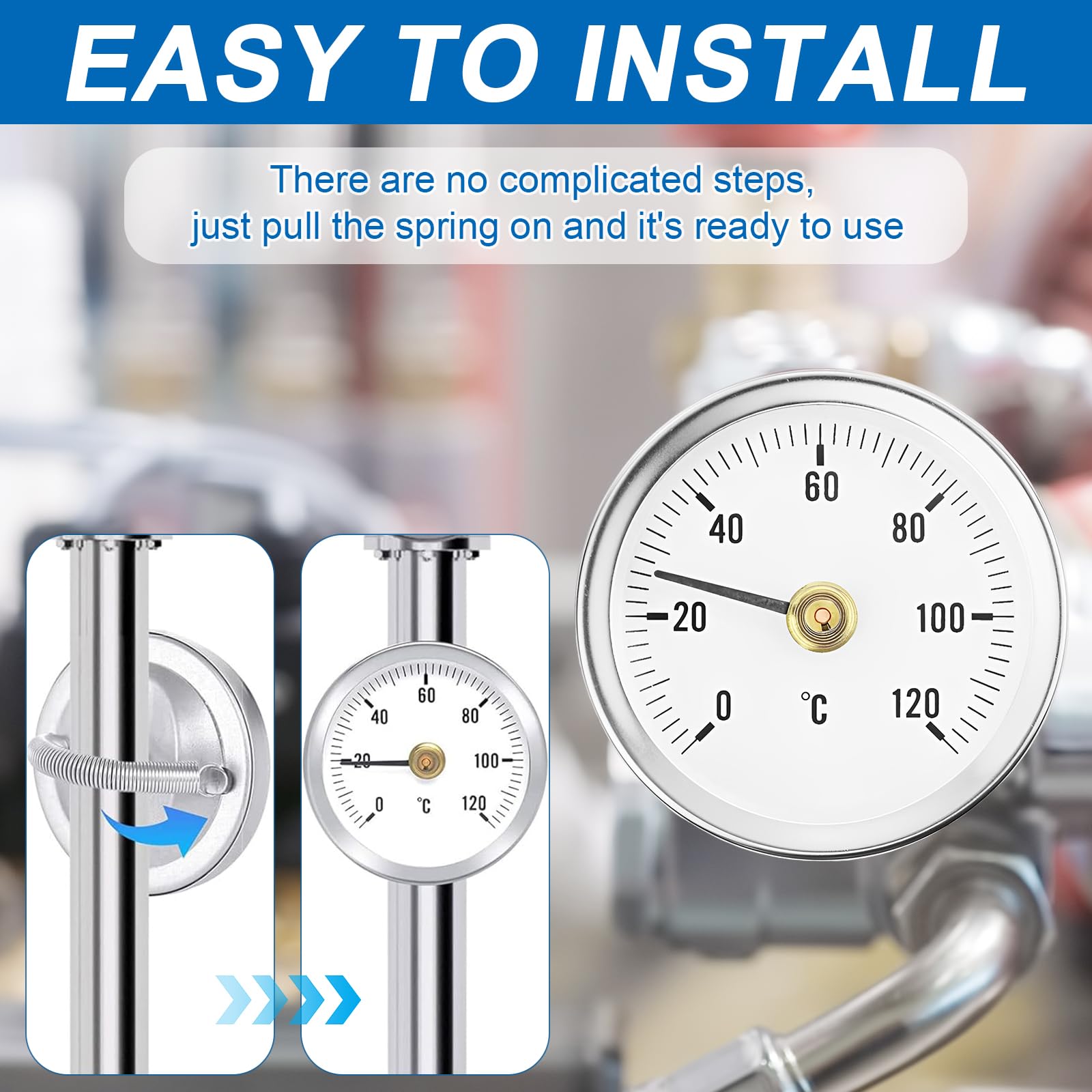 2 Stück Rohrthermometer Heizungsrohr, Rohrthermometer rostfreiem Stahl, Temperaturanzeige mit Clip-On 0-120 ℃, Tragbares Rohrleitungs Thermometer, Überwachung Rohrtemperatur (mit 2 Federn)