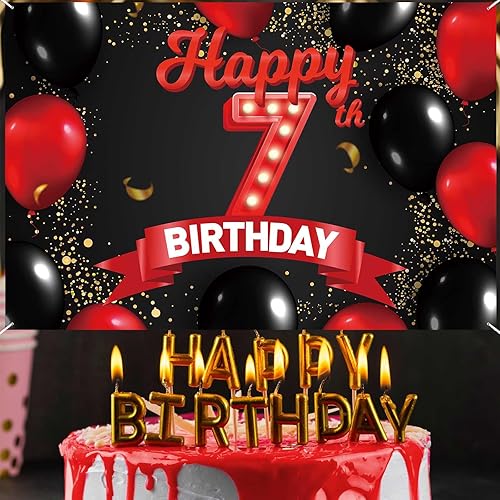 Miniatura 6 de Cartel rojo y negro de feliz cumpleaños número 7, decoración temática de globos para niñas y mujeres, princesas de 7 años, fiesta de cumpleaños,