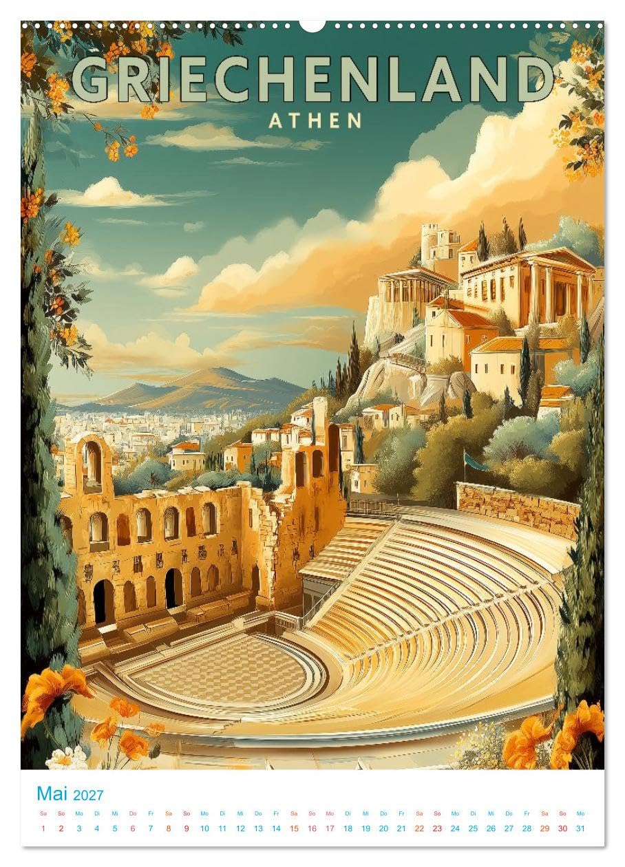 Griechenland - Old School Poster Style (hochwertiger Premium Wandkalender 2027 DIN A2 hoch), Kunstdruck in Hochglanz: Eine Sammlung von Poster über Griechenland in Old School Style (CALVENDO Orte)
