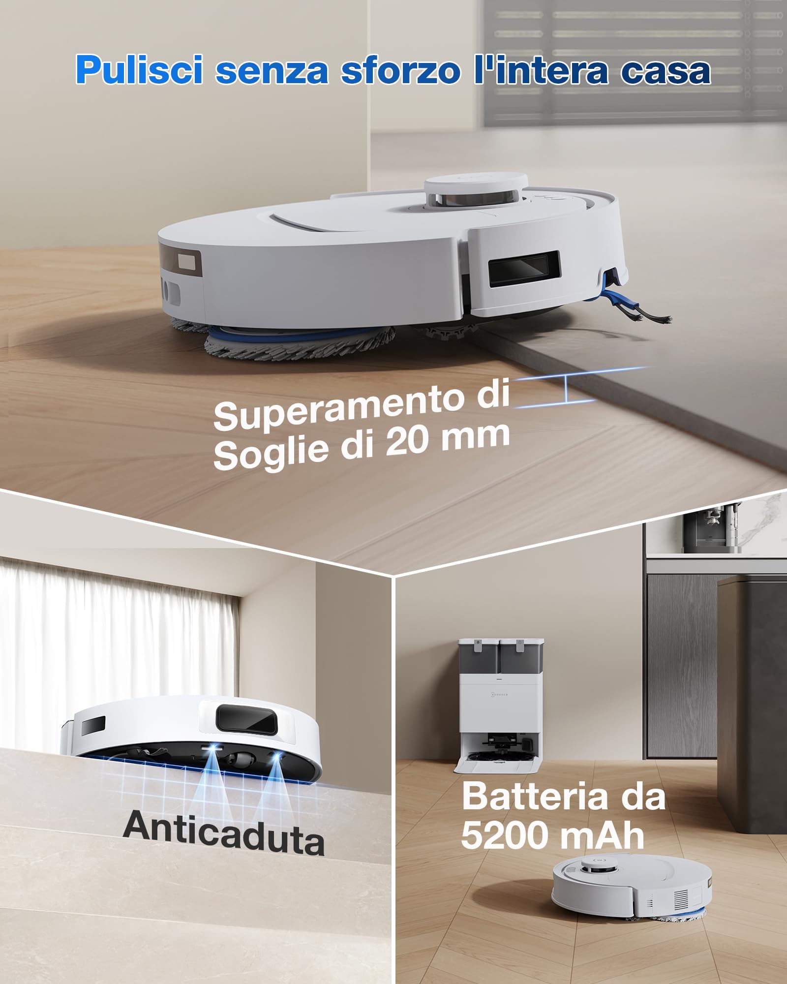 ECOVACS DEEBOT T30C OMNI GEN2 Robot Aspirapolvere e Lavapavimenti, 25.000 Pa, ZeroTangle 3.0, TruEdge 2.0, TrueMapping 2.0, Lavaggio dei panni con acqua calda a 75°C, Stazione OMNI All-in-One, Bianco