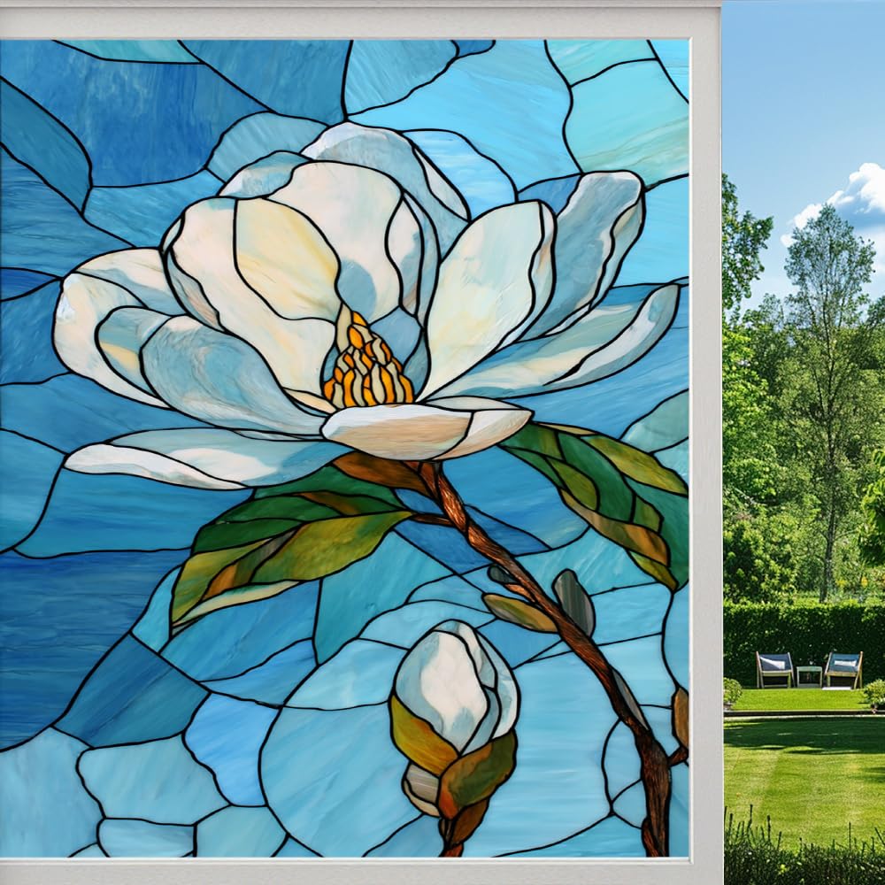 Pmlbaous Colorful Magnolia Frosted Window Film, Natural Flowers Plants Stained Glass Privacy Film, Heat Insulation Self-Adhesive Vinyl For Bathroom Office, （55X100cm）
