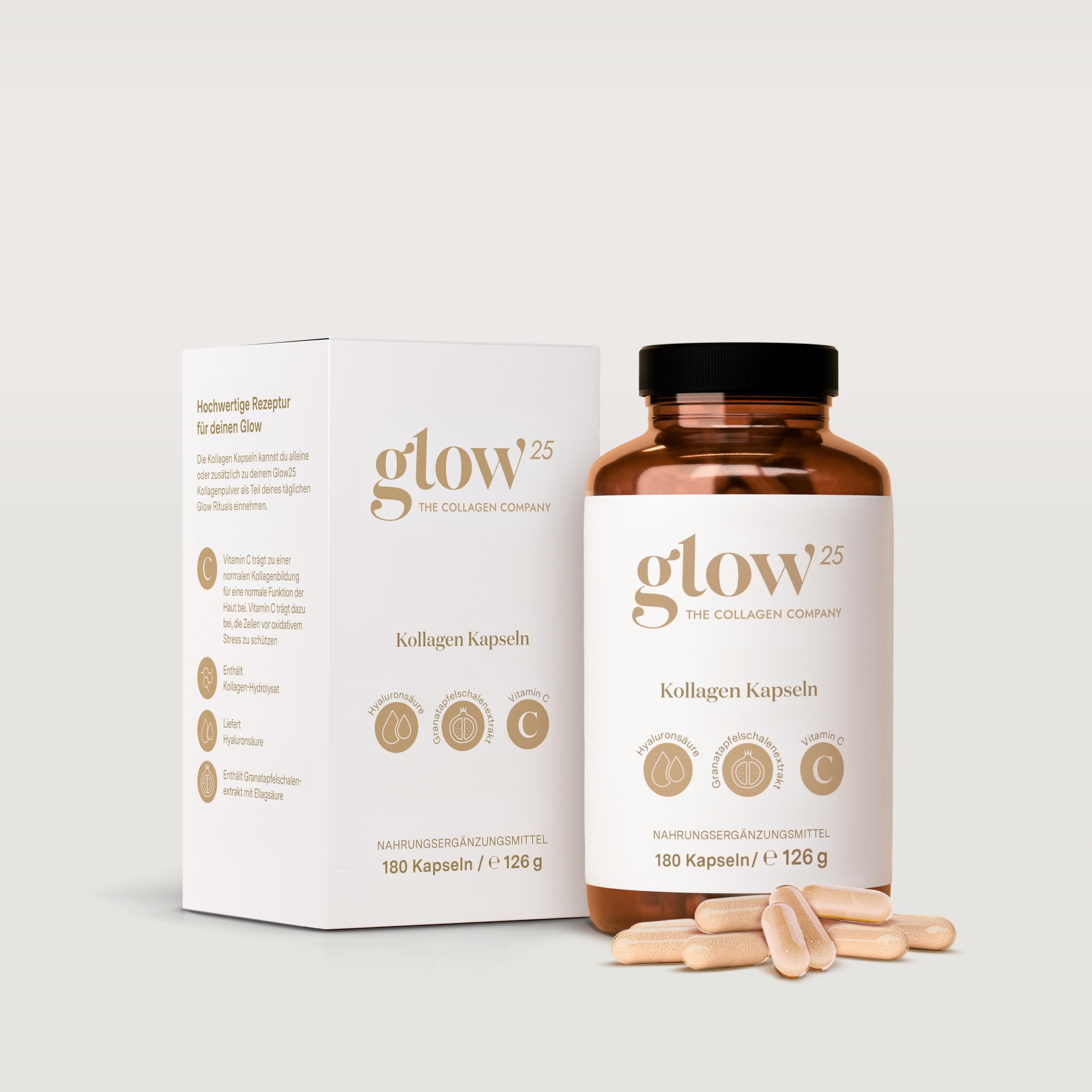 Glow25® Kollagen Kapseln hochdosiert [180 Kapseln x 3] mit Hyaluronsäure und Vitamin C | Premium Collagen Complex für eine schöne Haut | Ohne Zusatzstoffe | Laborgeprüft | Made in Germany